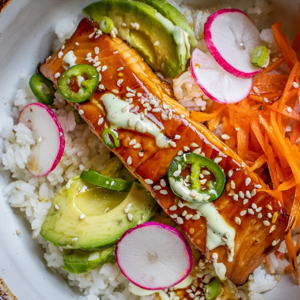 Fresh avocado slices and scallions garnish these Japanese-Mexican fusion Teriyaki Salmon Rice Taco Bowls with Pickled Veggies.