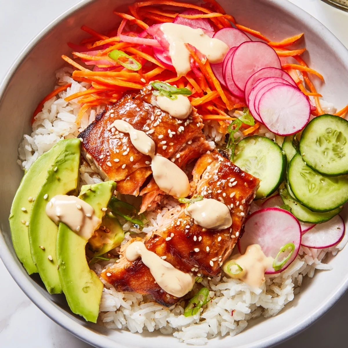 Sizzling salmon with glossy teriyaki glaze over rice, garnished with colorful pickled vegetables and cilantro for a zesty meal.