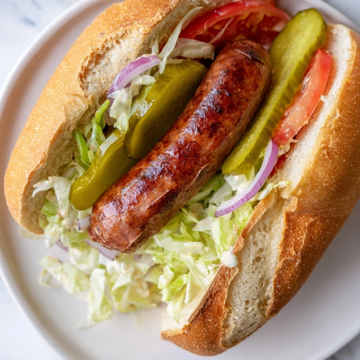 Grilled Cajun beef sausage po boy sandwiches on a crusty baguette with lettuce, tomato, and pickles.