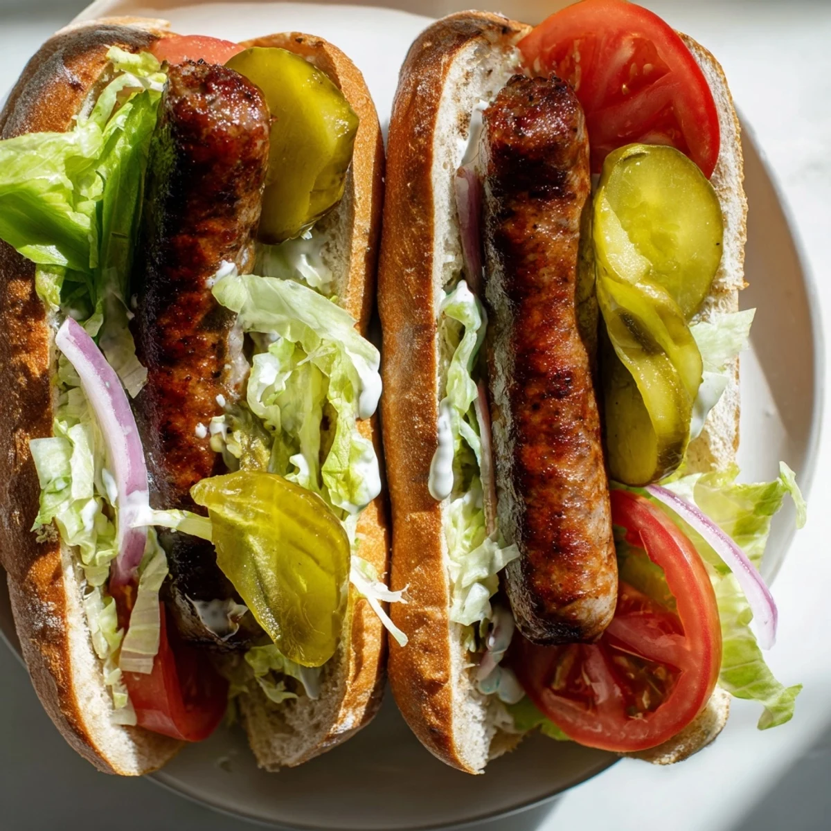 Serving suggestion for Cajun beef sausage po boy sandwiches stacked high with toppings on a wooden board.