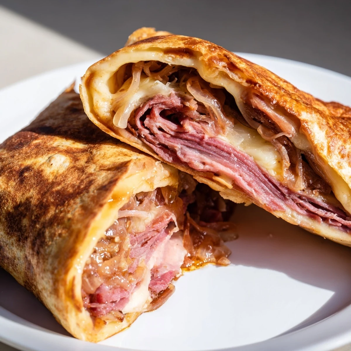 Golden-brown Easy French Dip Tortilla Roll Ups are shown sliced in half, revealing layers of roast beef and melted provolone cheese.  