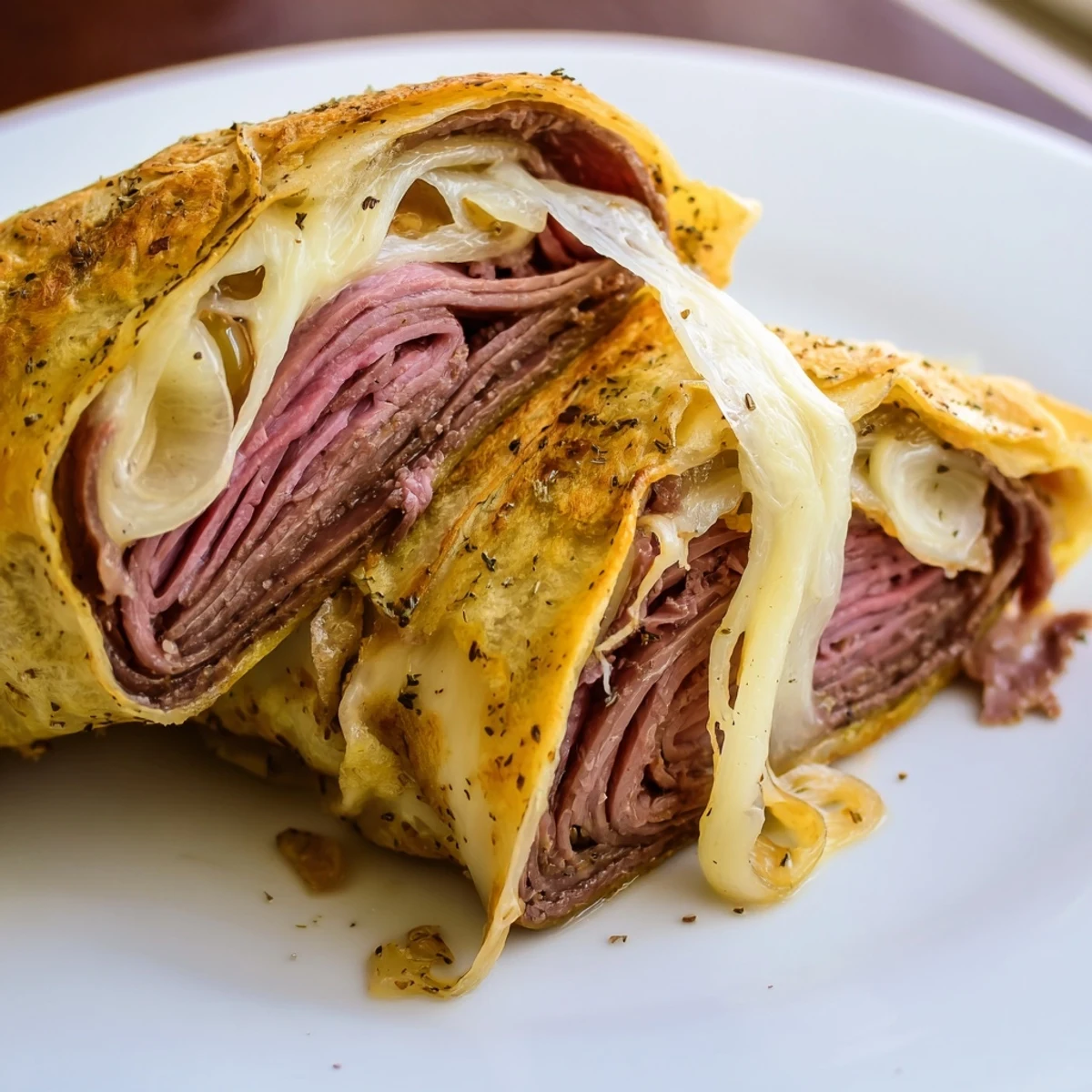 A platter of Easy French Dip Tortilla Roll Ups is served with a small bowl of hot au jus for dipping.  
