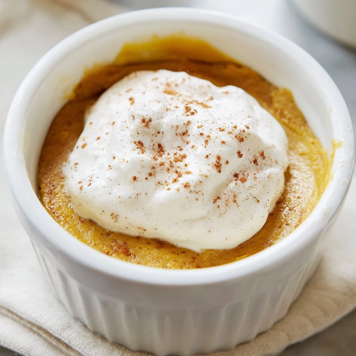 Steaming baked pumpkin pudding in a water bath, glistening with warm spices in a ceramic dish.