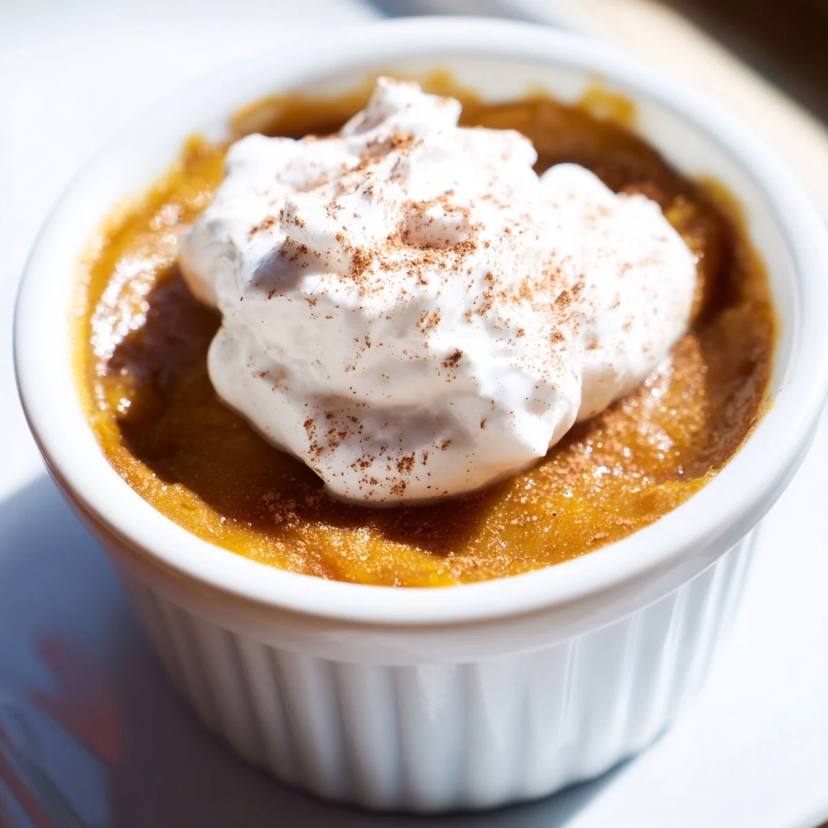 Freshly baked Effortless Baked Pumpkin Pudding served warm in a ramekin with toasted pecans and autumn ambiance.