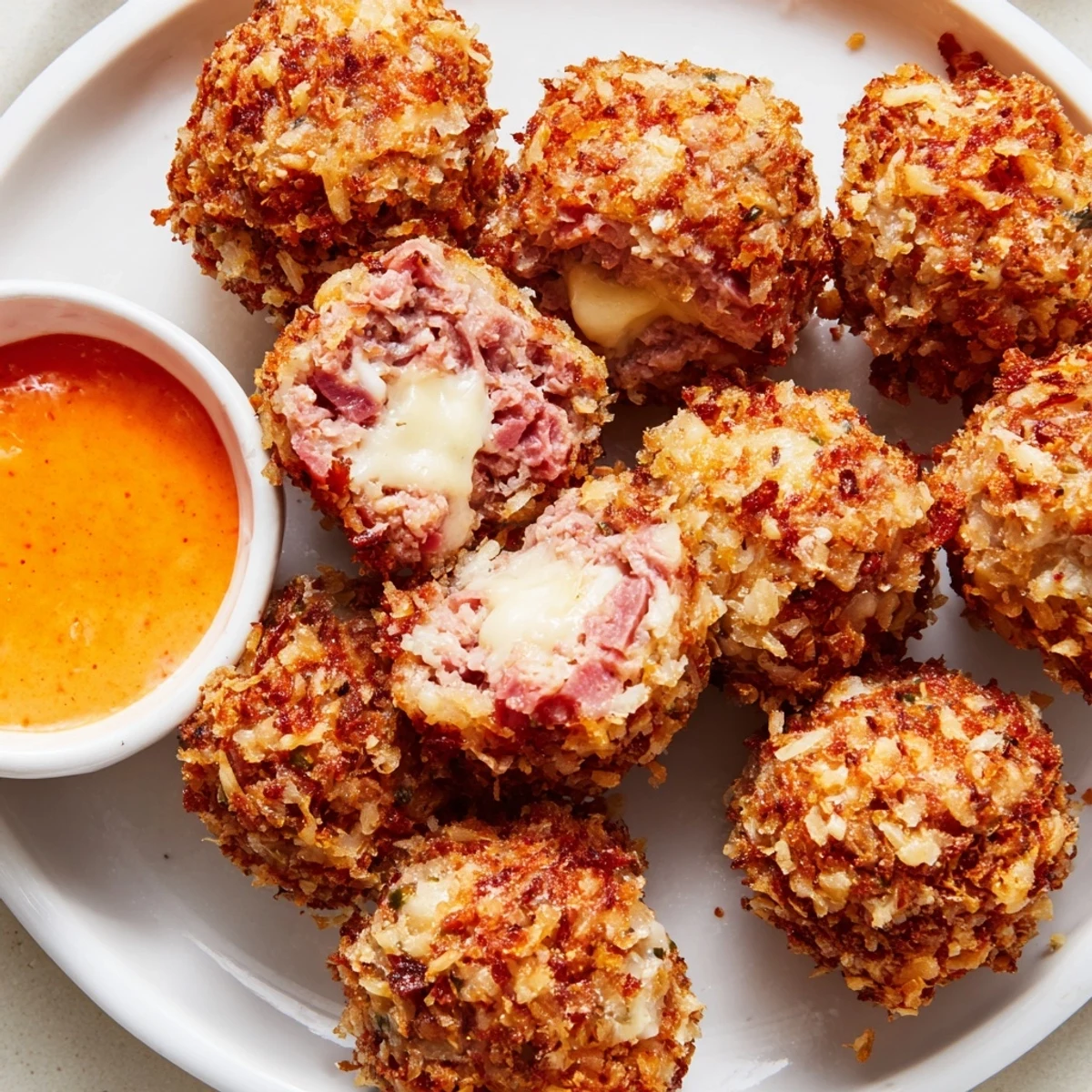 Golden-brown Reuben Balls with Spicy Thousand Island dip on a platter, showcasing crispy texture and a creamy, zesty sauce.