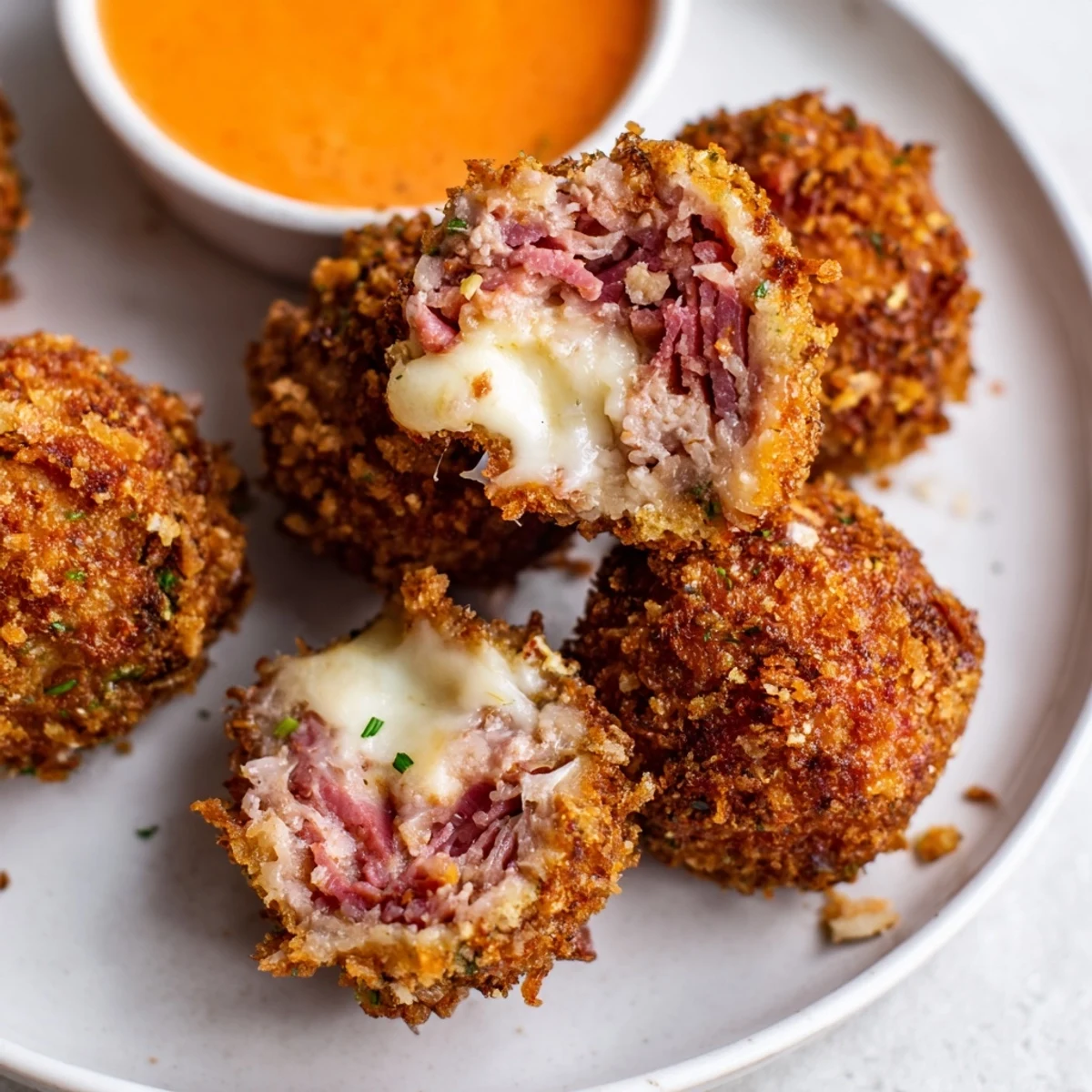 Freshly fried Reuben Balls with Spicy Thousand Island sauce beside sliced pickles, perfect for party appetizers or game day.
