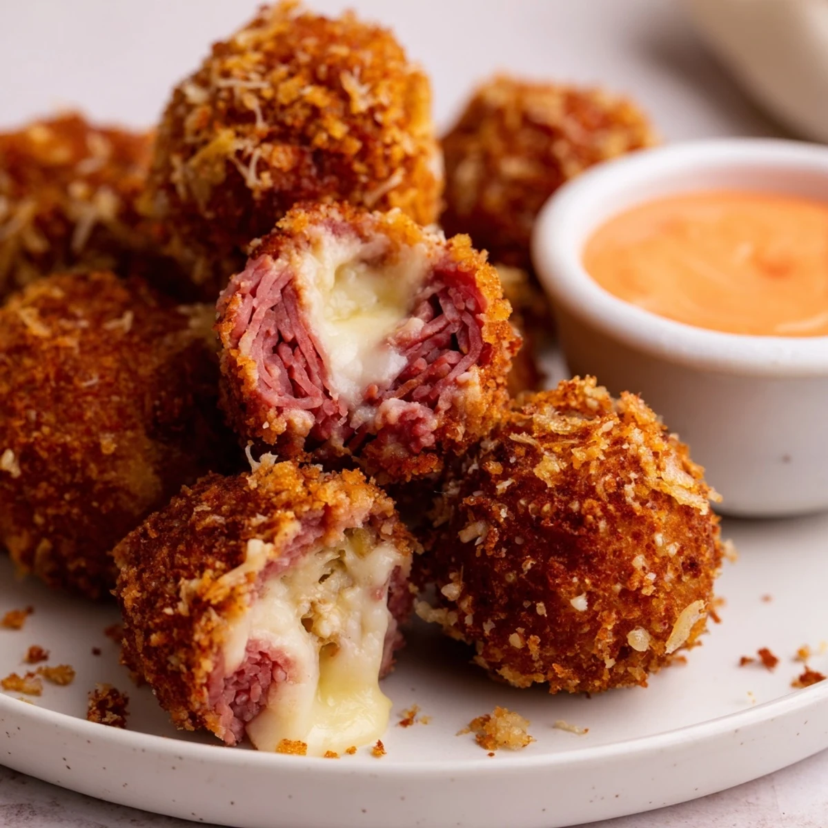 Close-up of Reuben Balls with Spicy Thousand Island dip, highlighting crunchy panko crust and a savory corned beef filling.