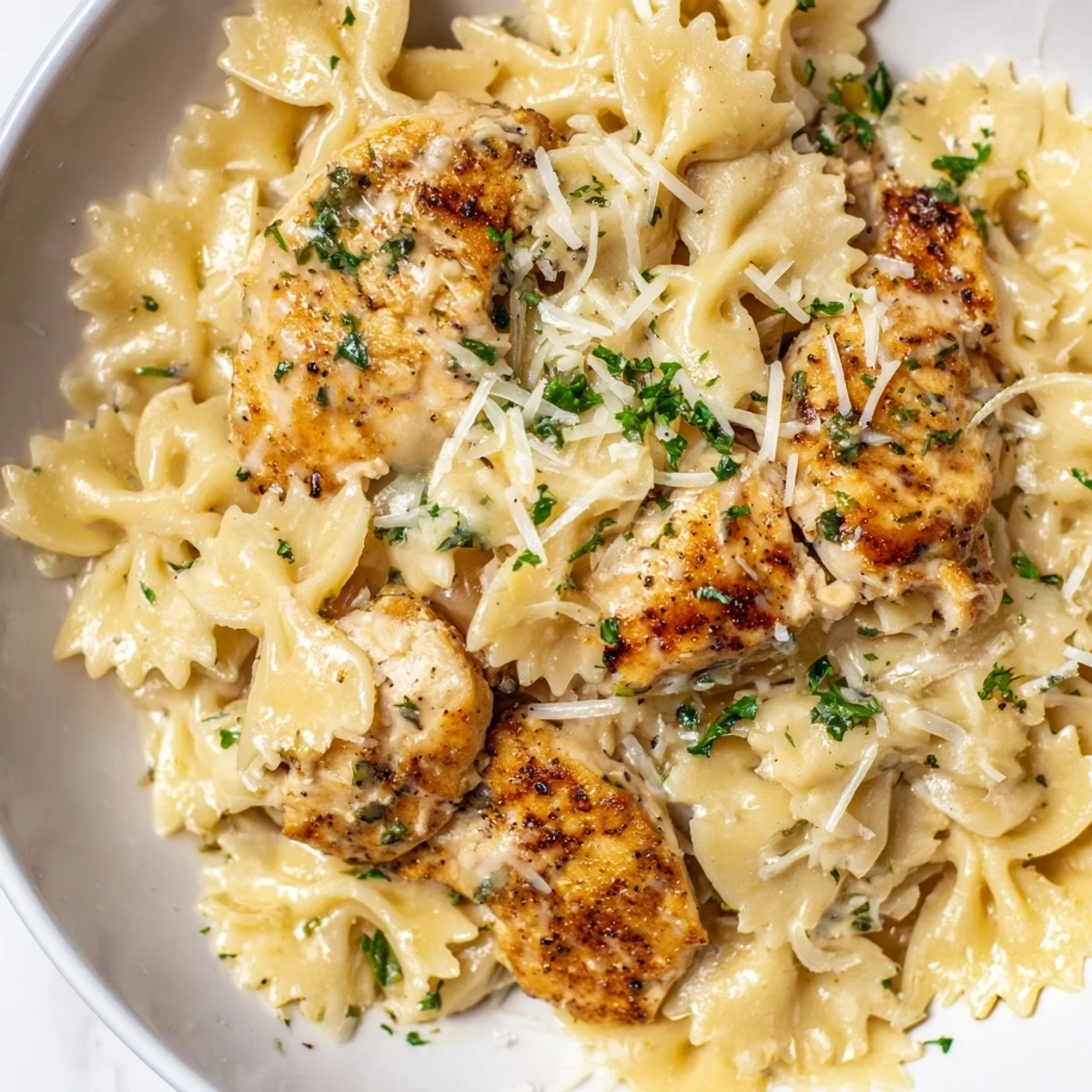 Golden pan-seared chicken pieces and al dente bowtie pasta coated in creamy garlic butter sauce, topped with melted mozzarella and fresh parsley in a white ceramic bowl.