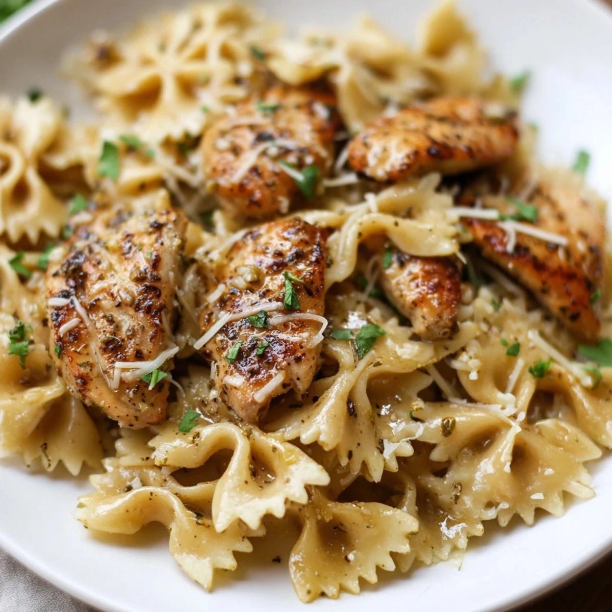 Close-up photo of tender chicken and bowties in a rich, cheesy garlic cream sauce, garnished with parsley and red pepper flakes for a comforting Italian-American dinner.