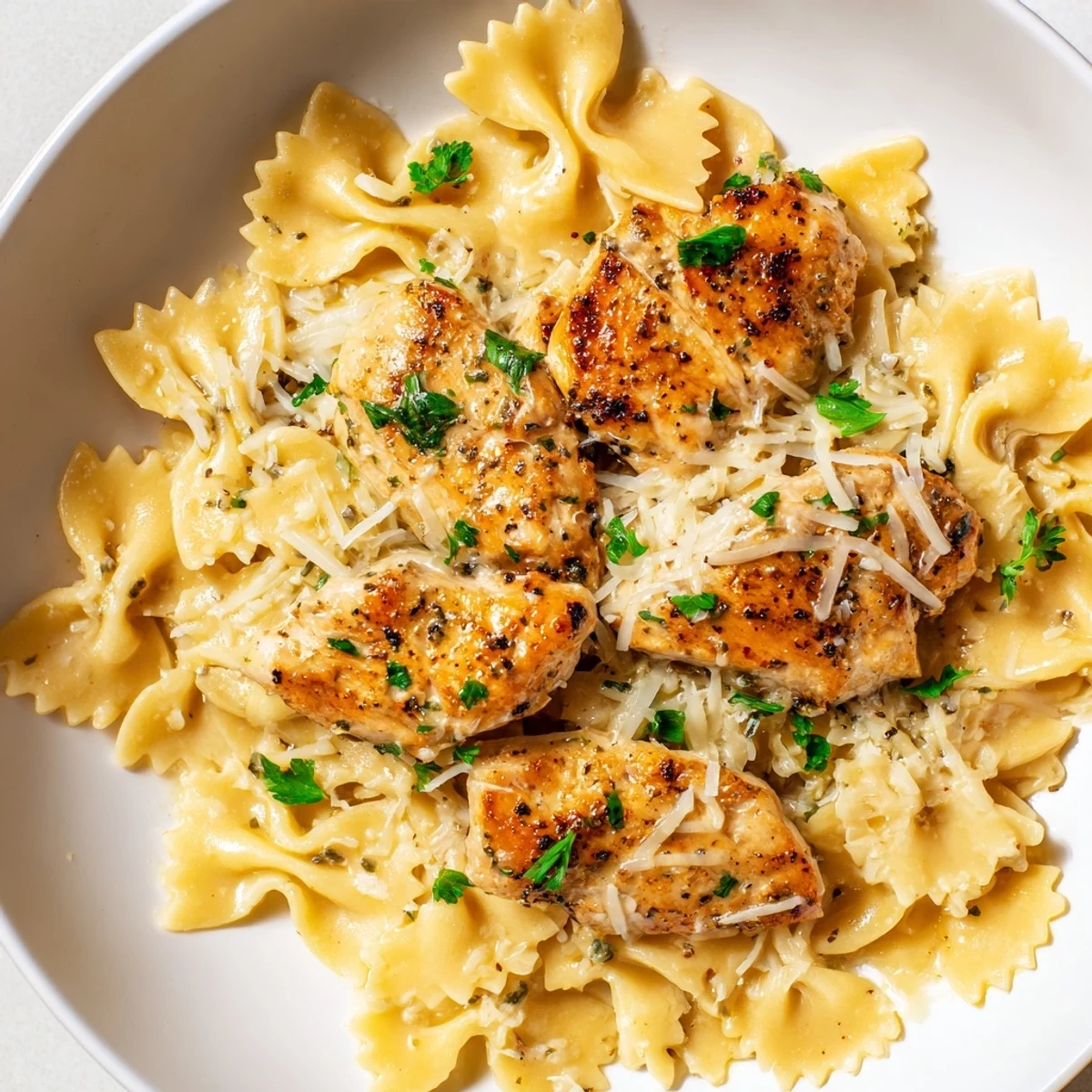 A close view of Mozzarella Garlic Butter Chicken Bowties in Cheesy Cream, served steaming with grated Parmesan and a side salad on a rustic wooden table.