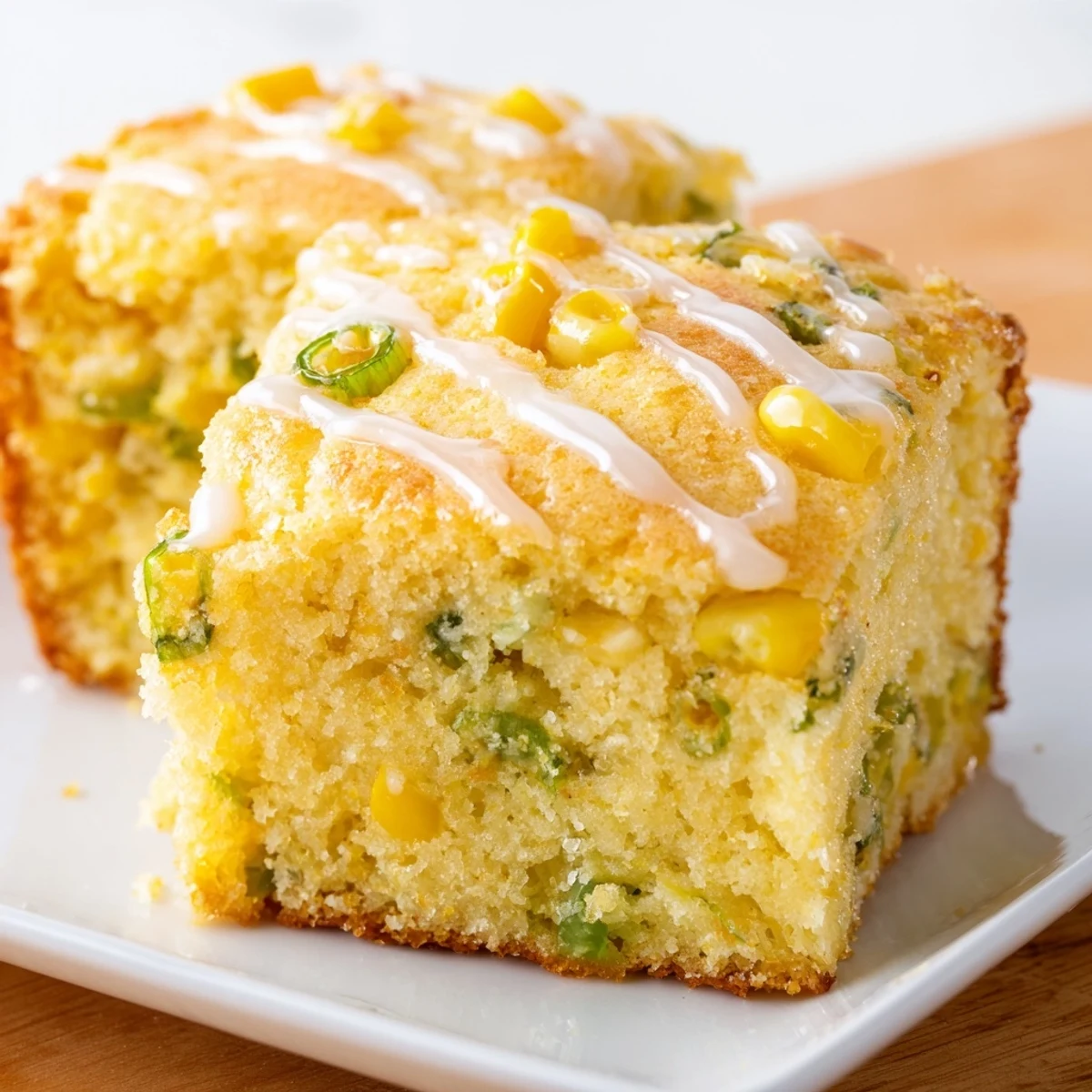 Golden-brown Spicy Sweet Jalapeño Cornbread with Zesty Lime Drizzle on a rustic board.