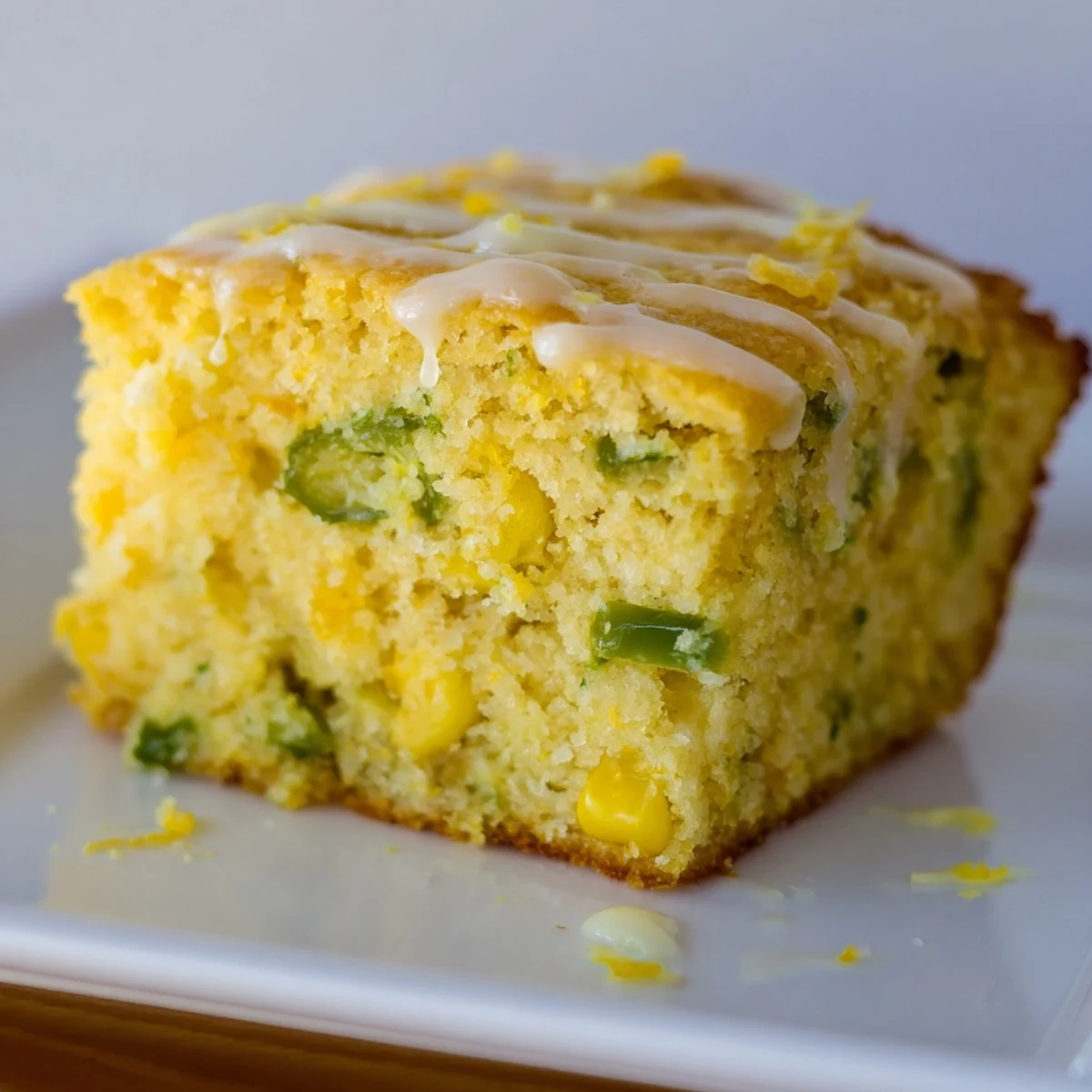 A moist slice of Spicy Sweet Jalapeño Cornbread with Zesty Lime Drizzle and corn kernels.