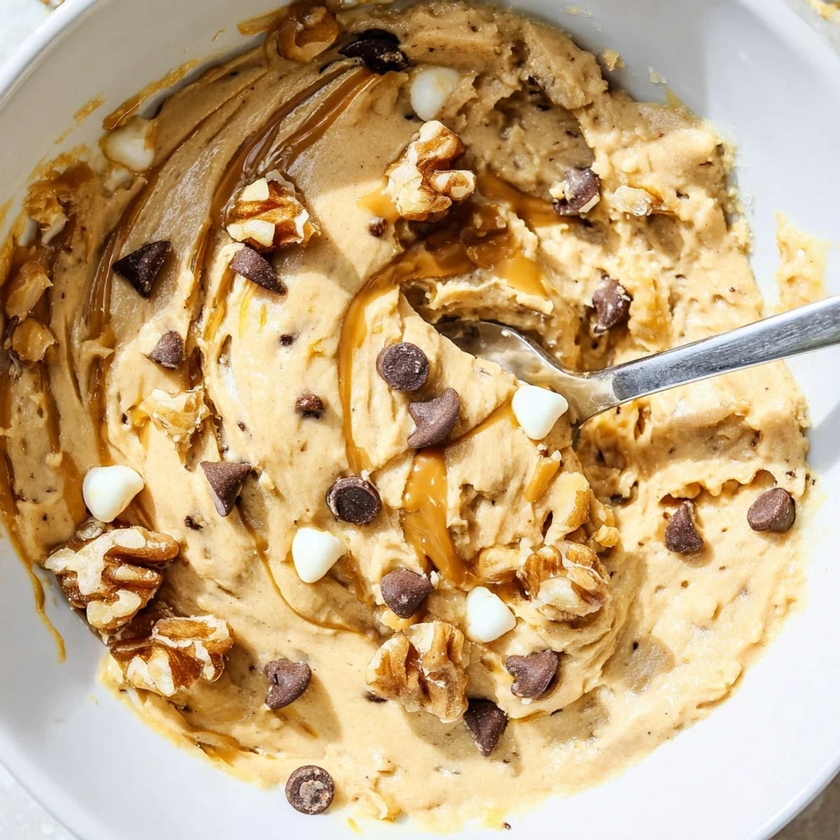 A bowl of Guilt Free Greek Yogurt Cookie Dough with mini chocolate chips and chopped nuts.