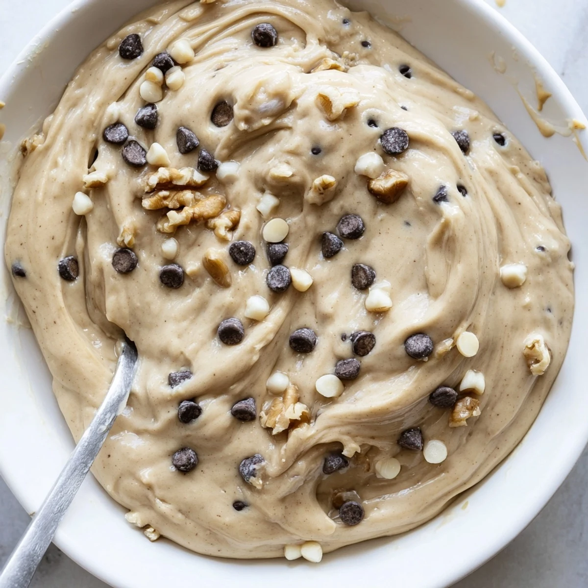 Close-up of Guilt Free Greek Yogurt Cookie Dough topped with walnuts and a honey drizzle.