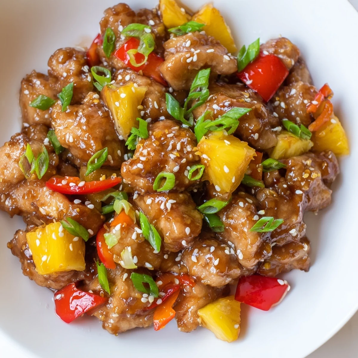 Golden-brown Honey Garlic Pineapple Chicken pieces glistening in a skillet, topped with green onions and sesame seeds over steamed rice.