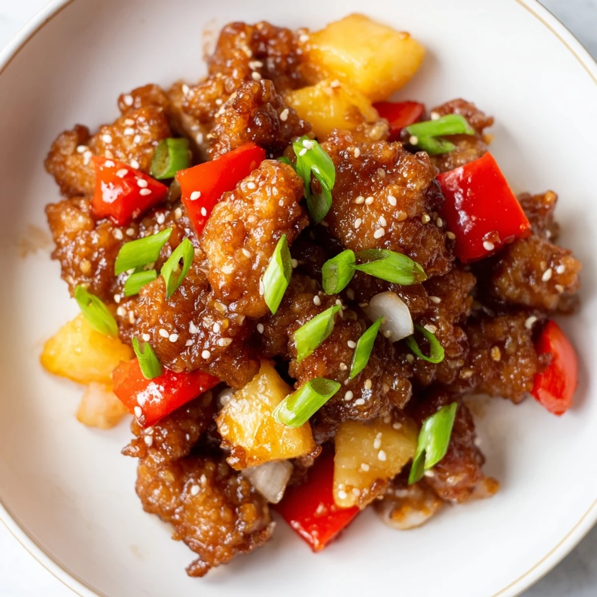 A close-up view of sautéed Honey Garlic Pineapple Chicken with vibrant red bell peppers and sweet pineapple chunks in a rich sauce.