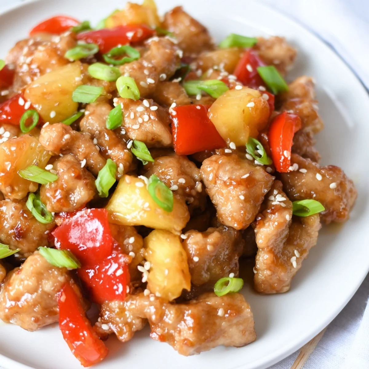 A serving dish of Honey Garlic Pineapple Chicken, garnished with fresh herbs, ready to be enjoyed with chopsticks on a wooden table.
