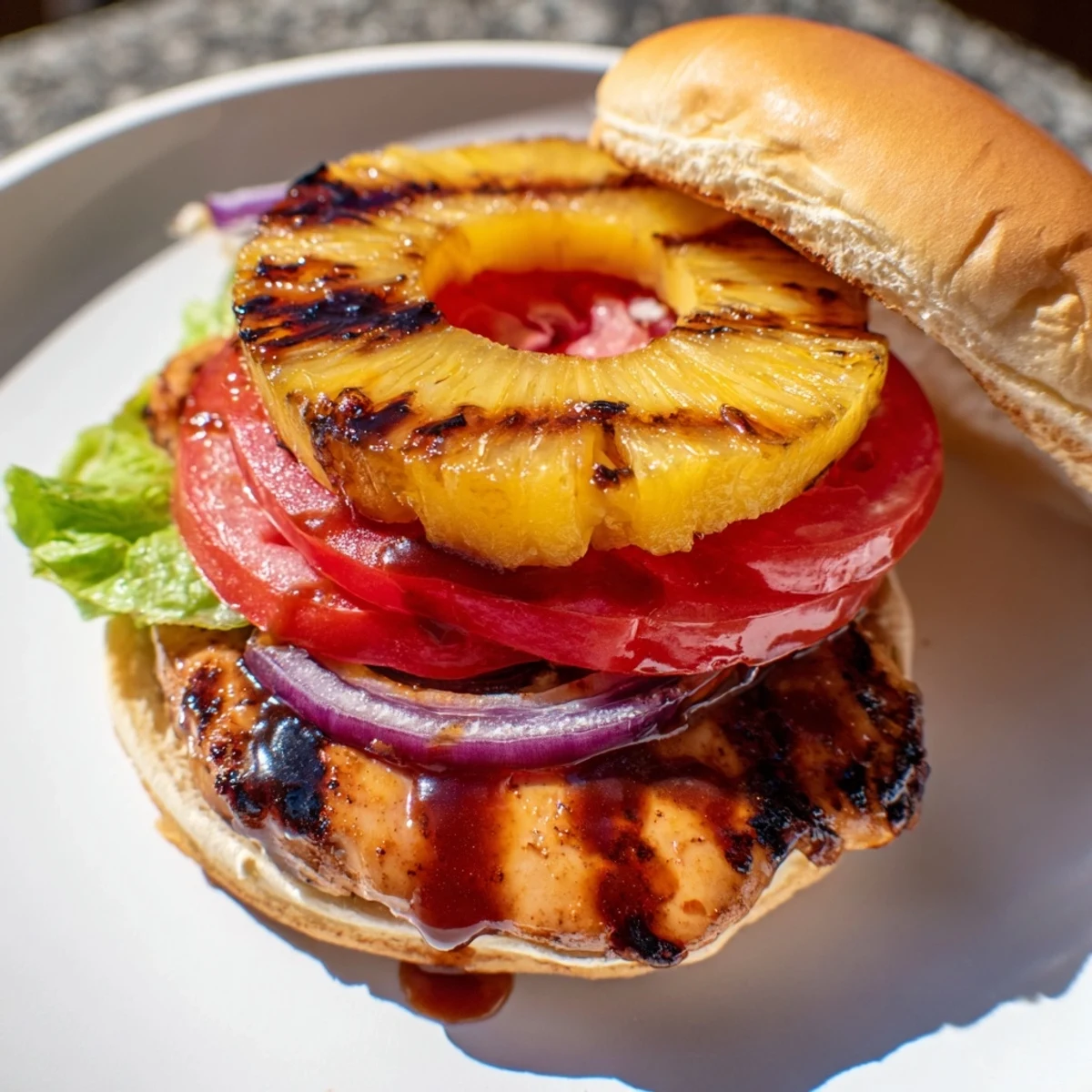 A close-up of the Hawaiian Pineapple Chicken Burger on a plate, showing juicy grilled chicken and a caramelized pineapple ring.
