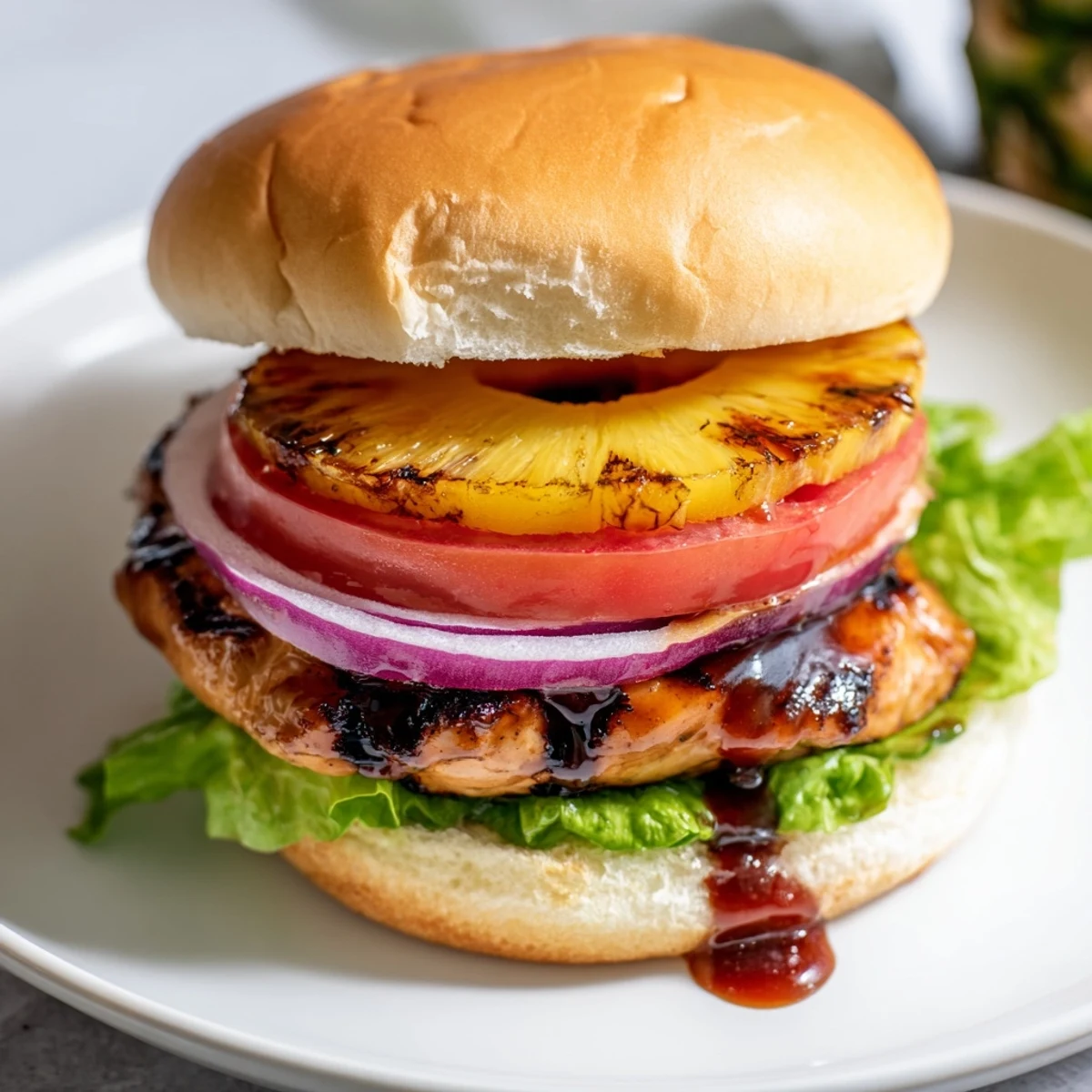A serving of the Hawaiian Pineapple Chicken Burger with grilled marks on the patty and fresh toppings on a wooden board.
