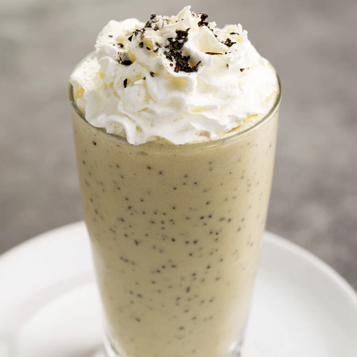 A tall glass of Vanilla Bean Frappuccino topped with whipped cream and white chocolate shavings.