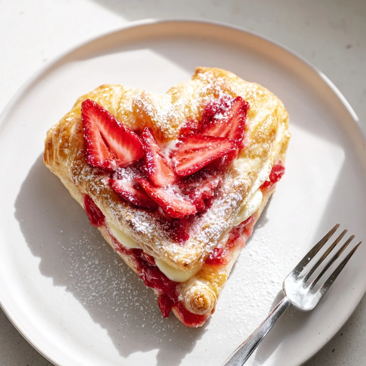 Flaky golden pastry with a heart shape holds creamy strawberry filling on a white plate.