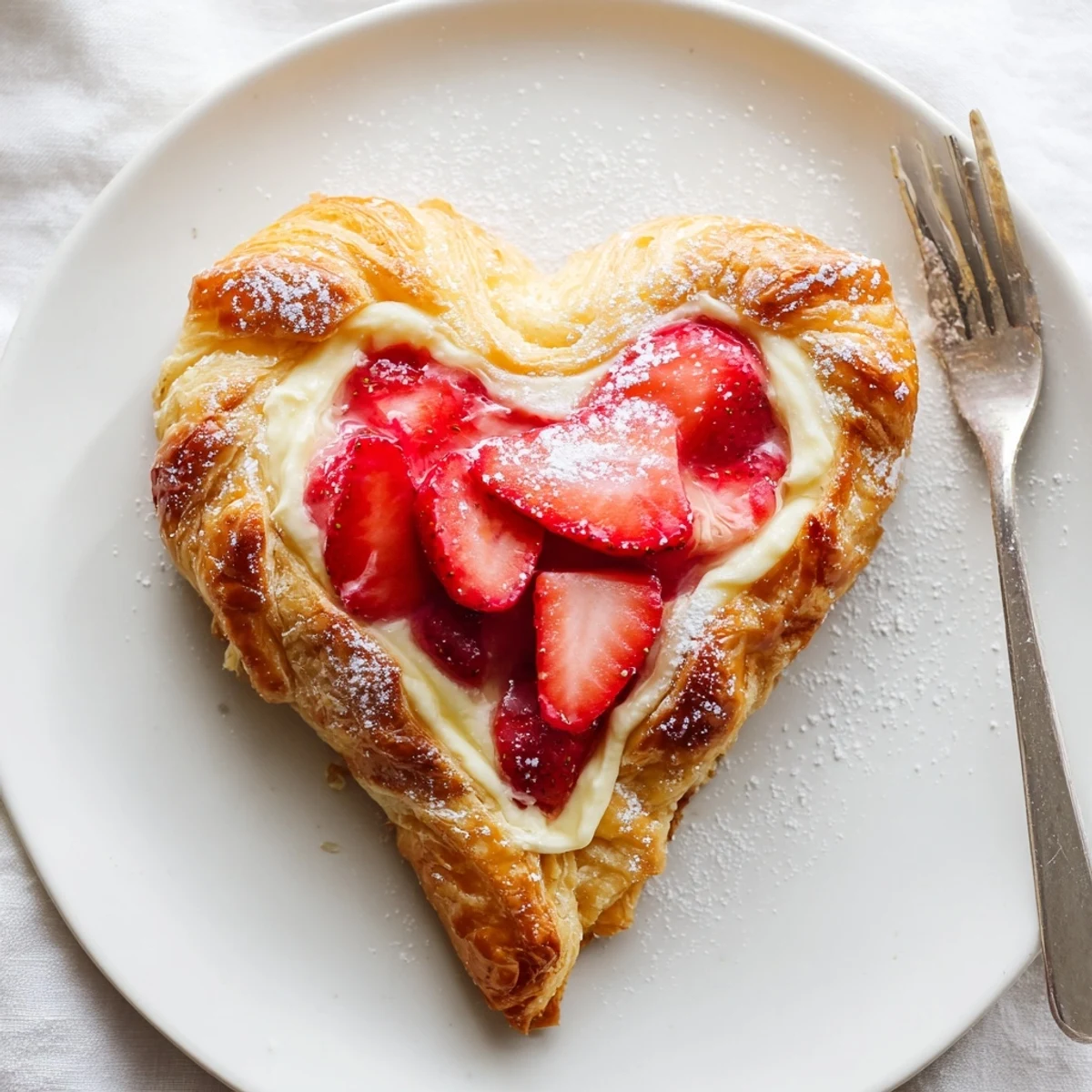 A close view of a strawberry cream cheese heart danish, resting on a rustic wooden board.