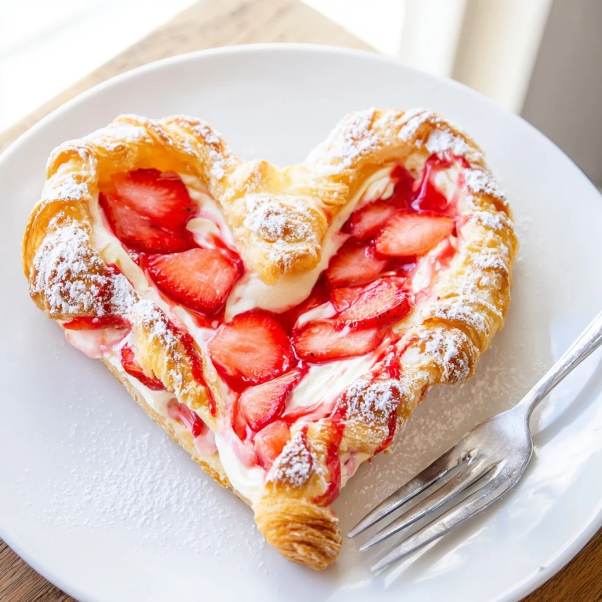 Golden heart-shaped danishes show a light glaze and fresh berry slices, stacked on a marble tray.