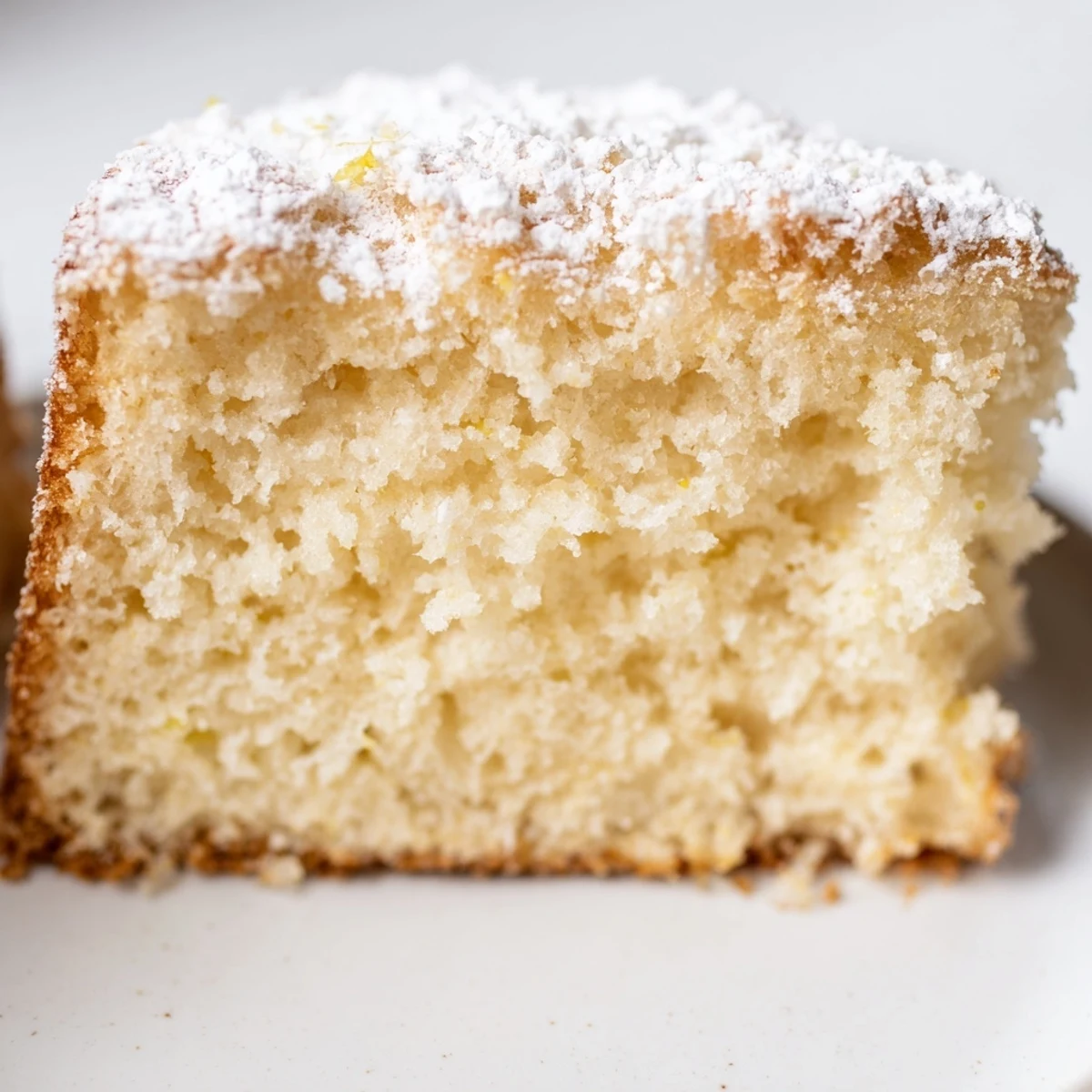 Freshly baked Fluffy Yogurt Cloud Cake rises high with a golden top, ready to serve alongside a cup of tea.