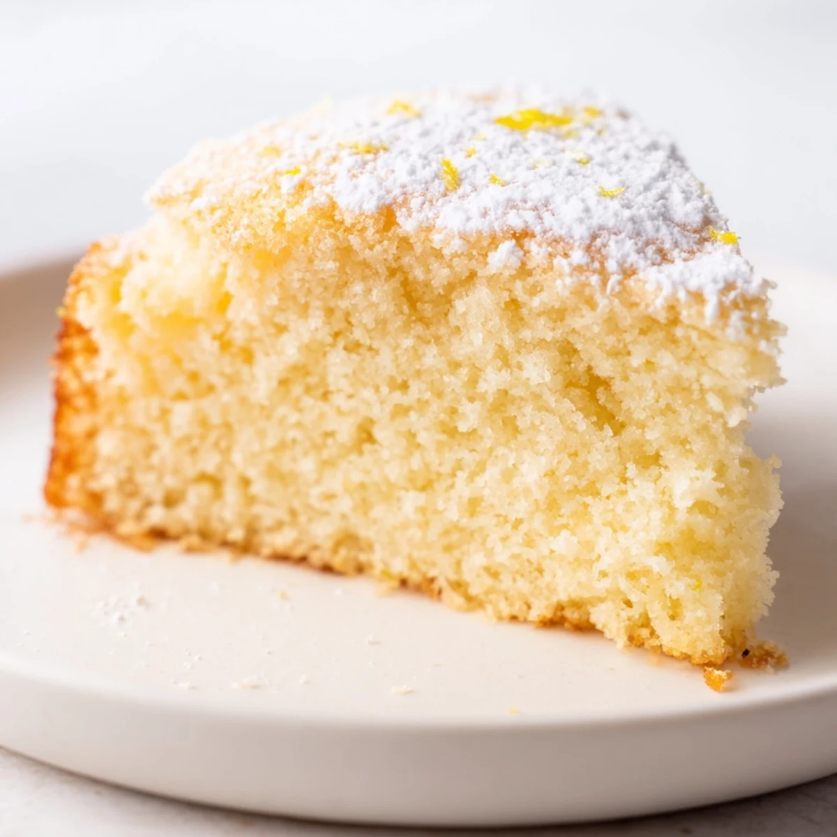 A slice of Fluffy Yogurt Cloud Cake shows a tender, pale crumb dusted with powdered sugar on a white plate.