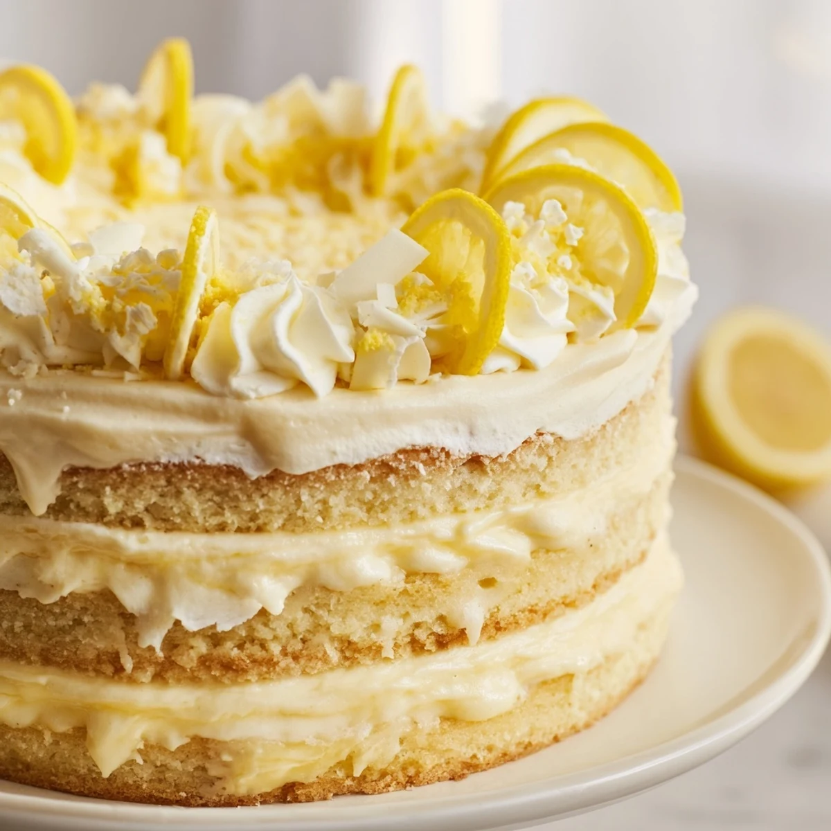 Thick, creamy mascarpone frosting swirls between golden cake layers brushed with citrusy syrup, serving a slice of Limoncello Mascarpone Cake with white chocolate curls.