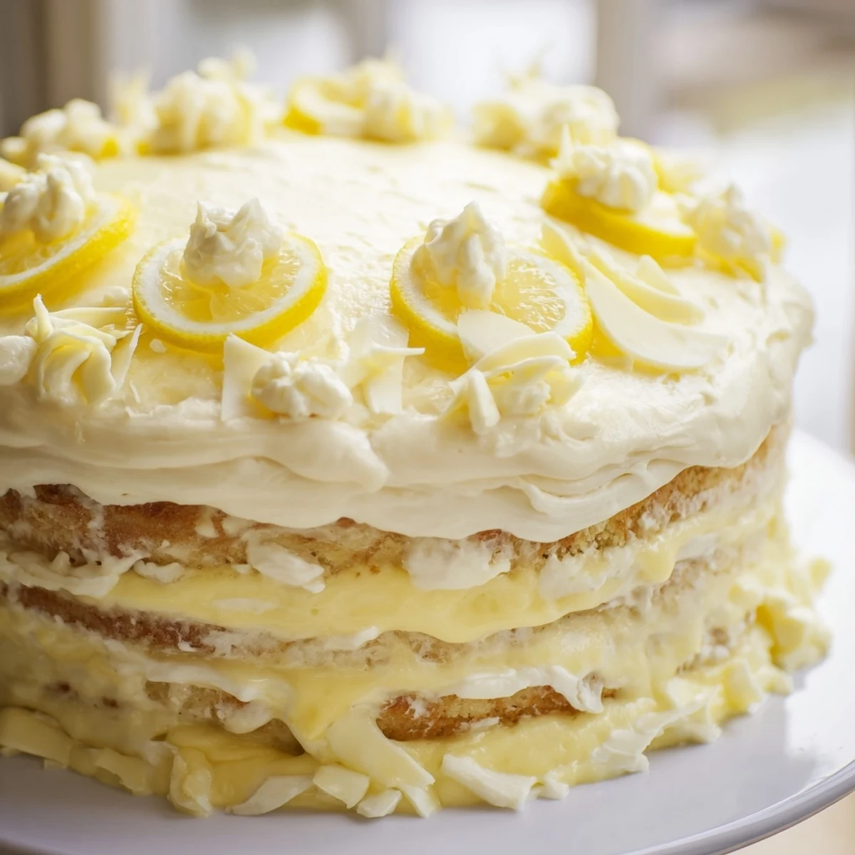 Freshly whipped mascarpone cream and lemon zest top moist Italian sponge for a refreshing Limoncello Mascarpone Cake, perfect for summer gatherings or dinner parties.