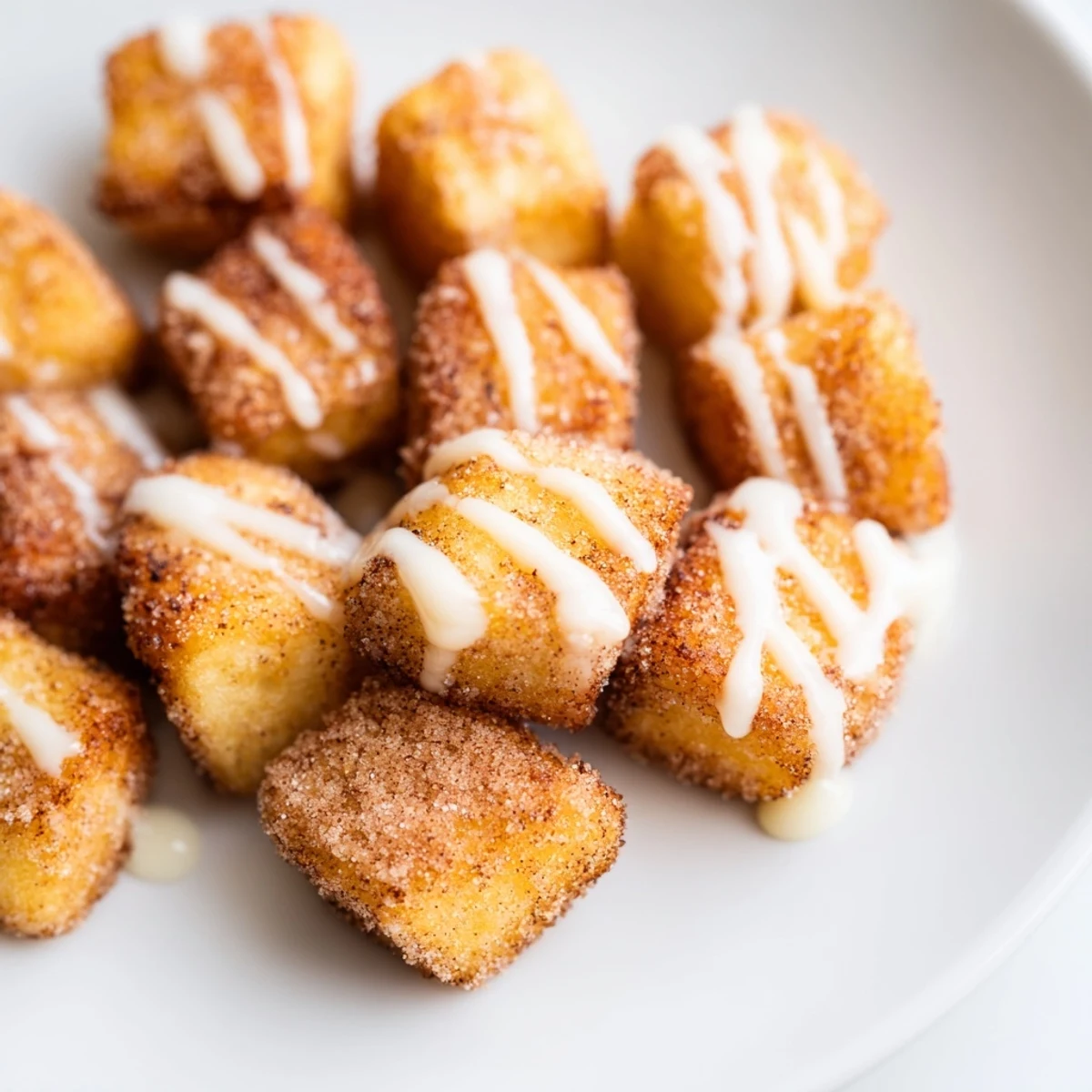Golden-brown Cinnamon Roll French Toast Bites glistening with a sweet vanilla glaze on a rustic plate.