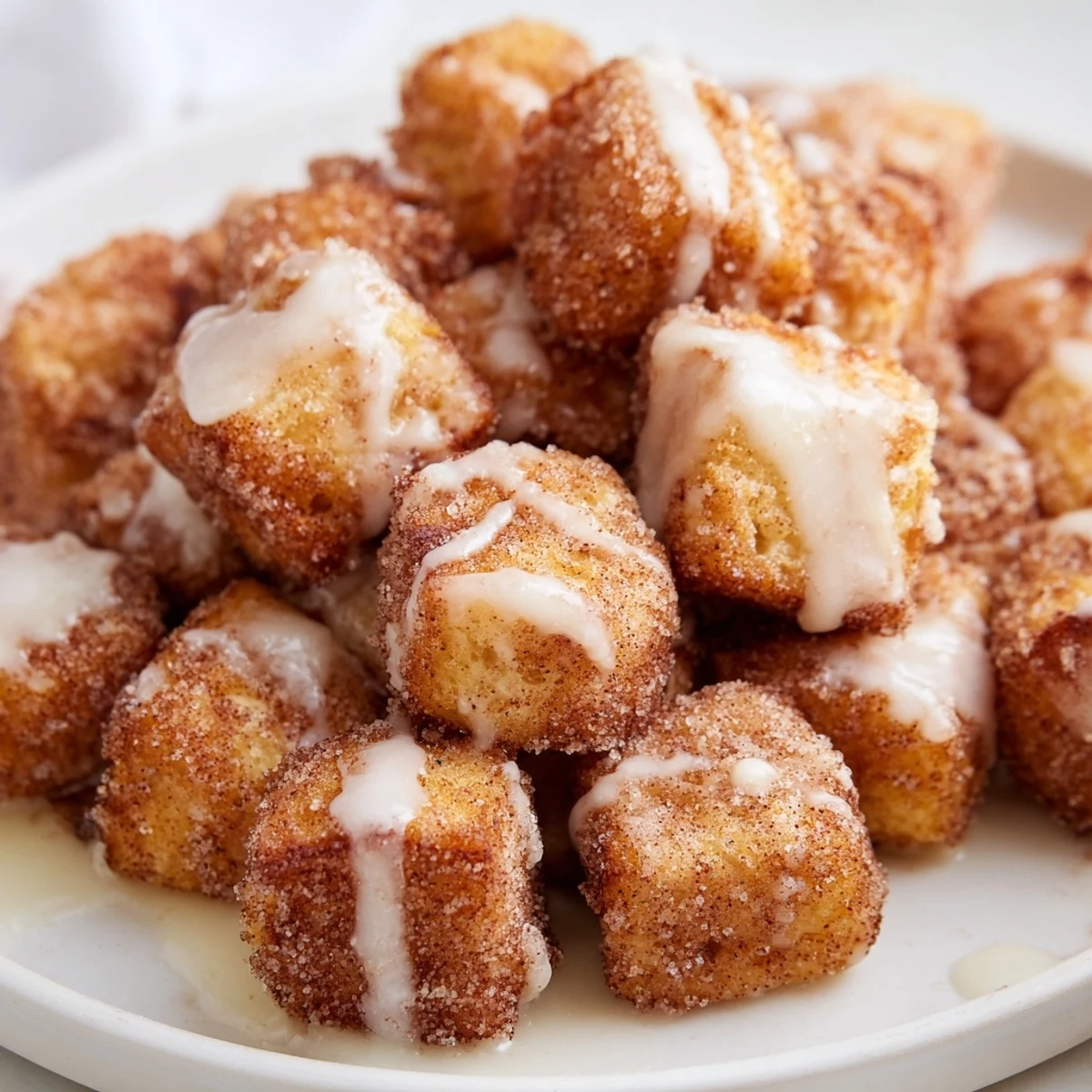 Warm Cinnamon Roll French Toast Bites served fresh with a drizzle of creamy icing for breakfast.