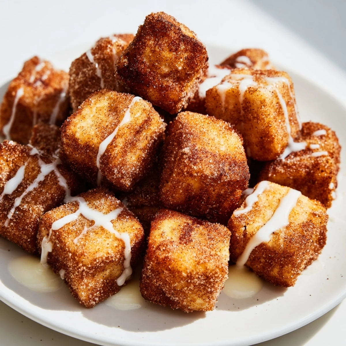 Delicious bite-sized Cinnamon Roll French Toast Bites topped with a glaze, perfect for a brunch spread.