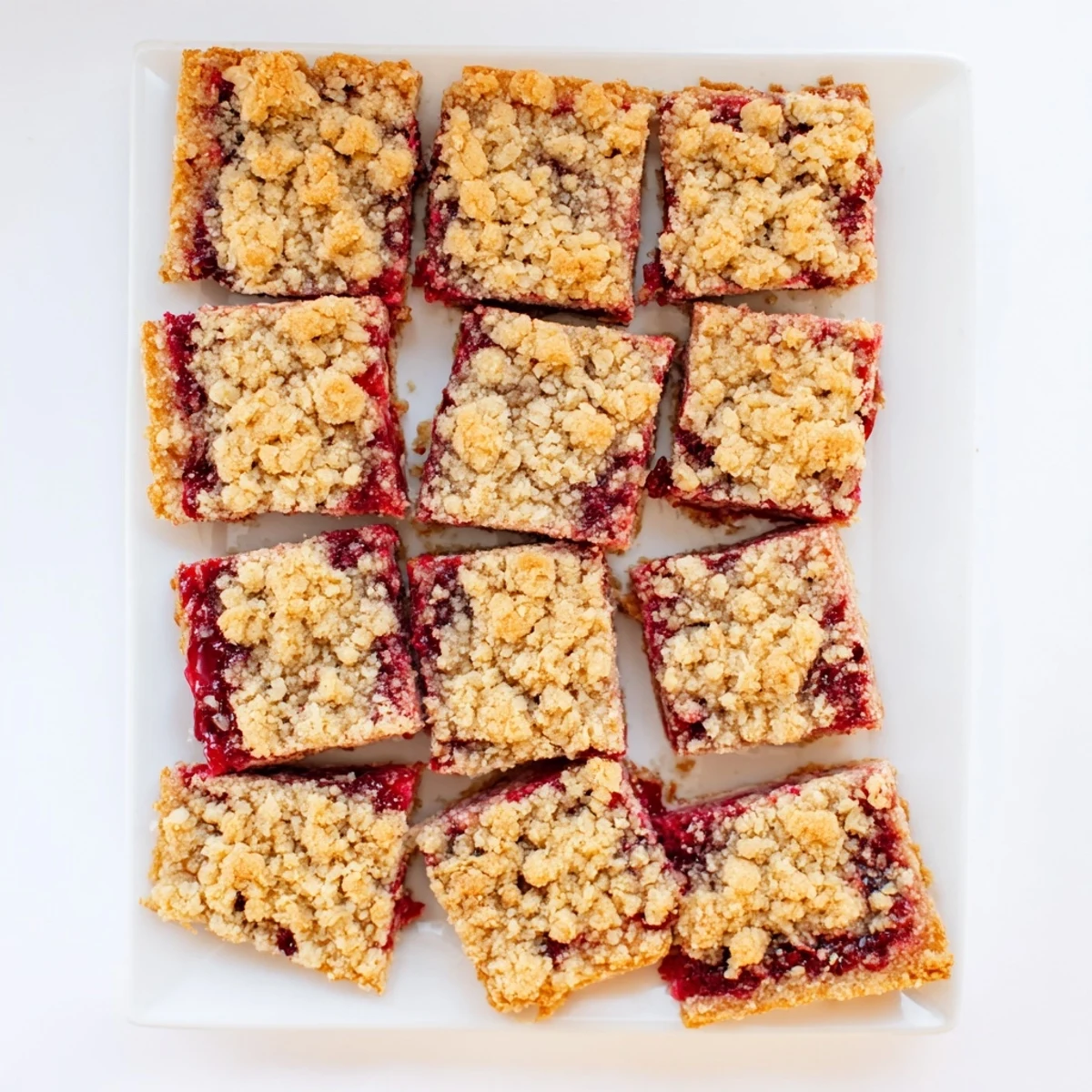 Fresh baked Cherry Crumble Bars on a rustic wooden board with a glass of cold milk.