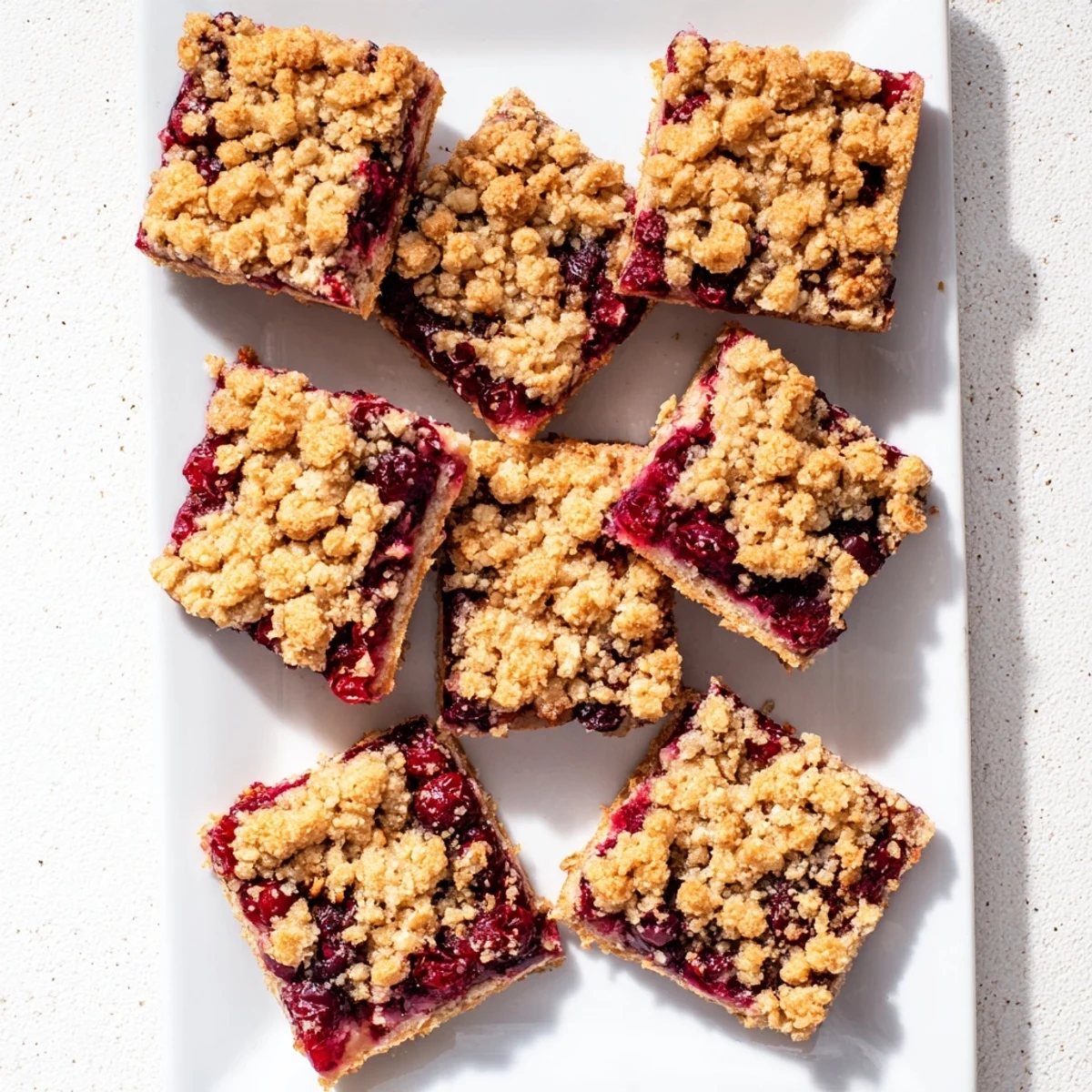 Golden-brown Cherry Crumble Bars with a bubbling sweet-tart cherry filling in a crumbly oat crumble.