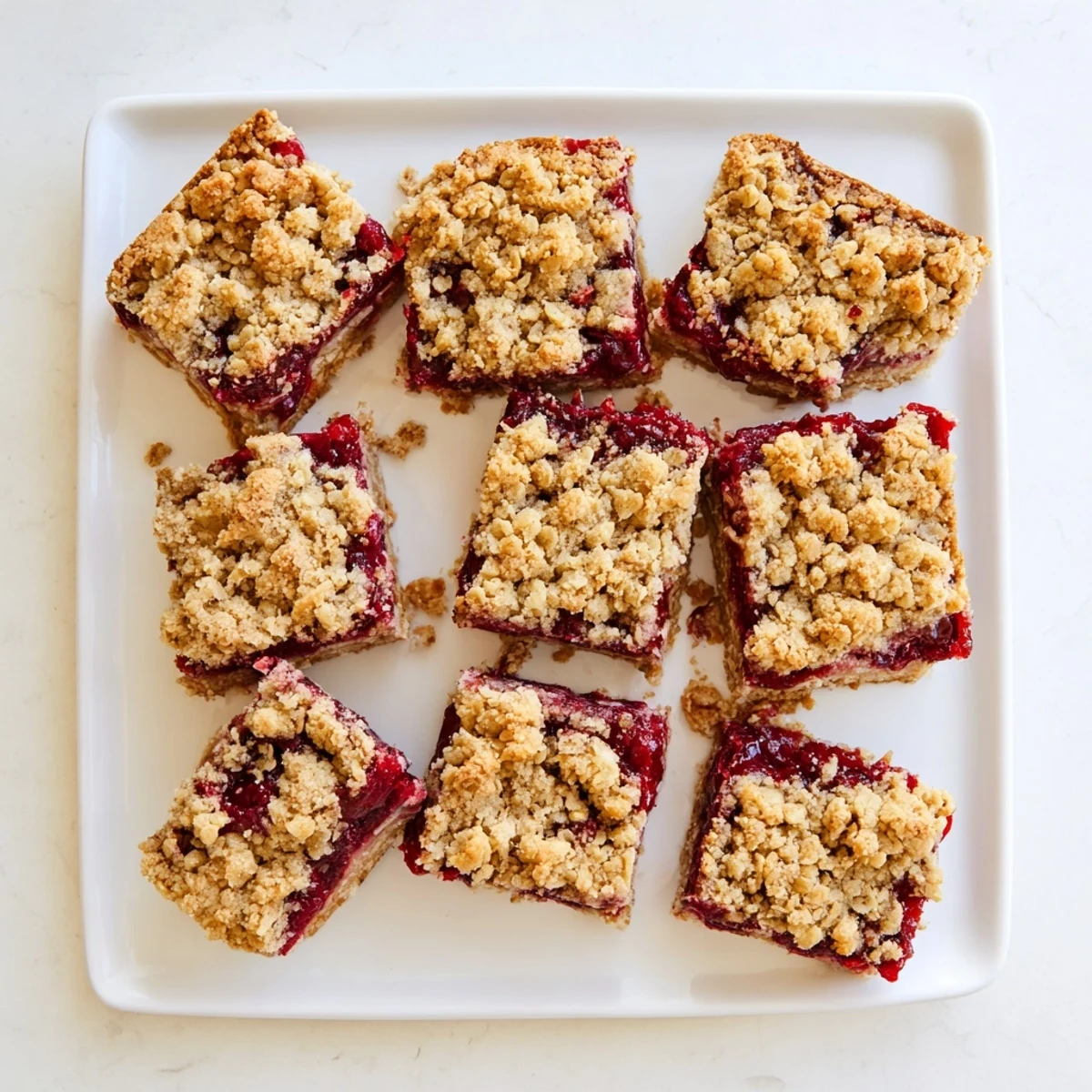 Warm slice of Cherry Crumble Bars served with a dollop of vanilla ice cream melting on top.