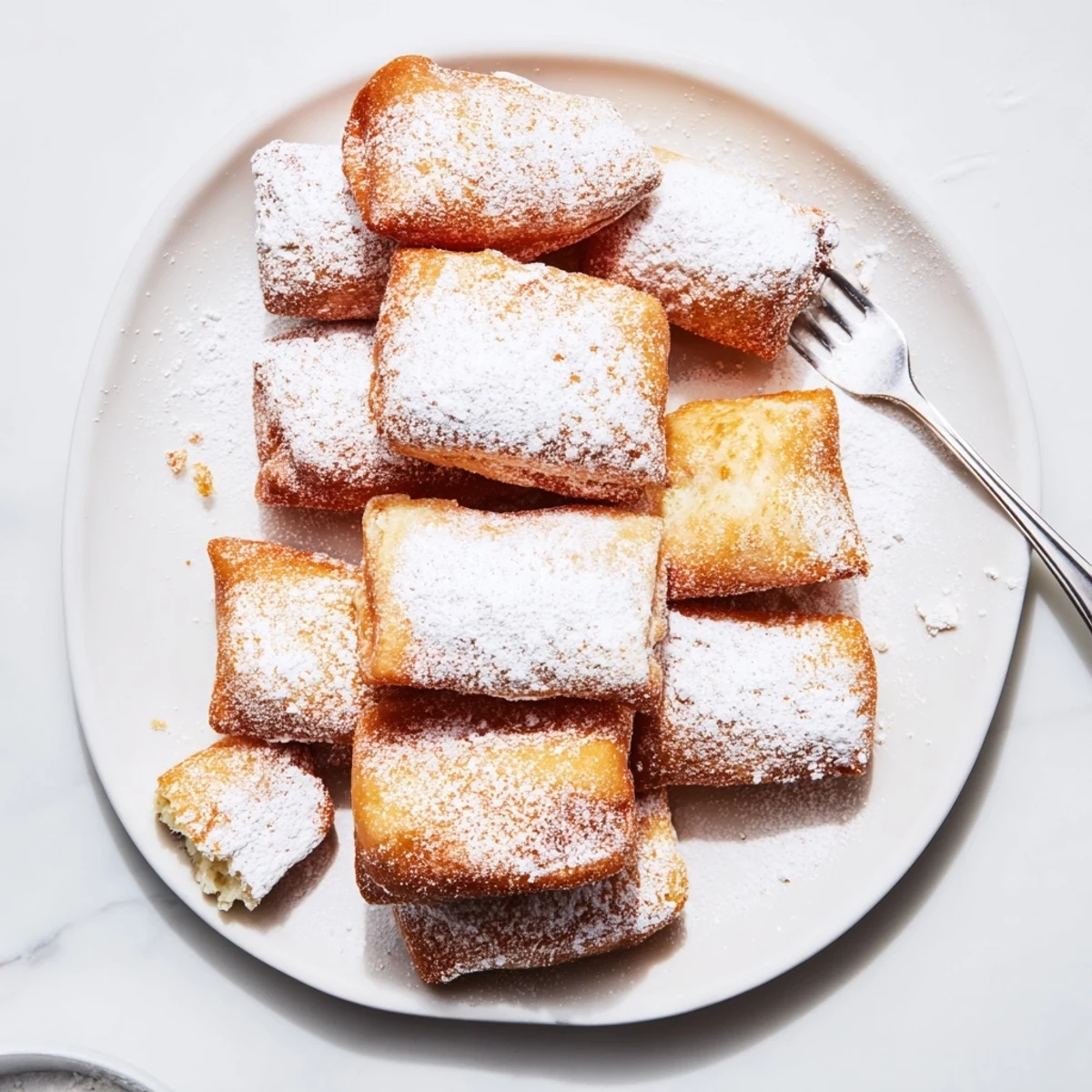 Golden Vanilla French Beignets, warm and fluffy, dusted with powdered sugar on a rustic wooden board.