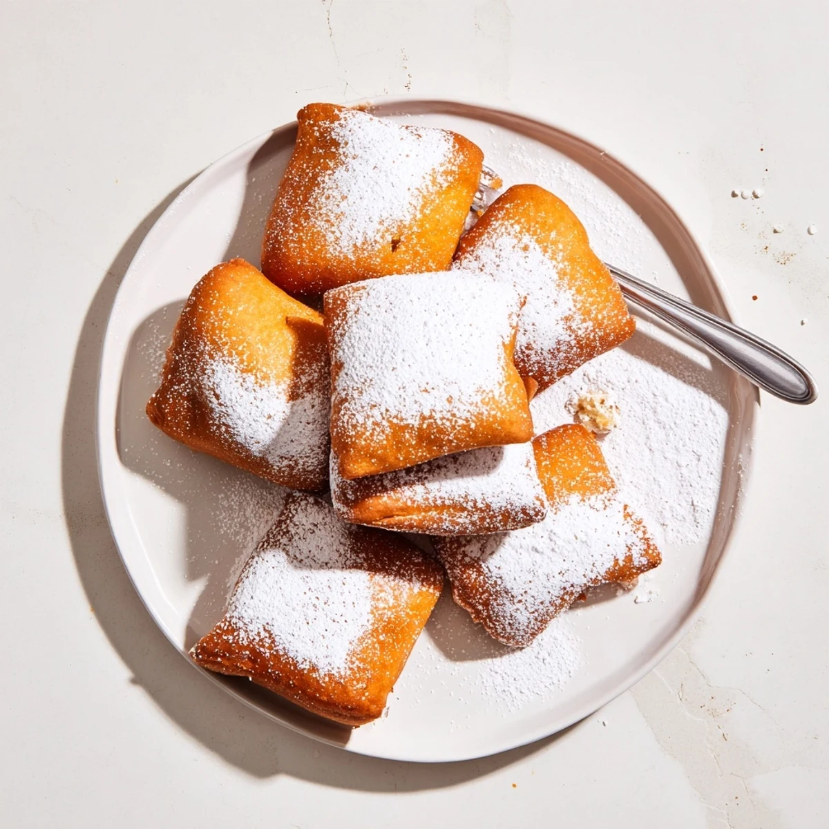 Sugary Vanilla French Beignets cooling on a wire rack, perfect for a sweet breakfast treat.