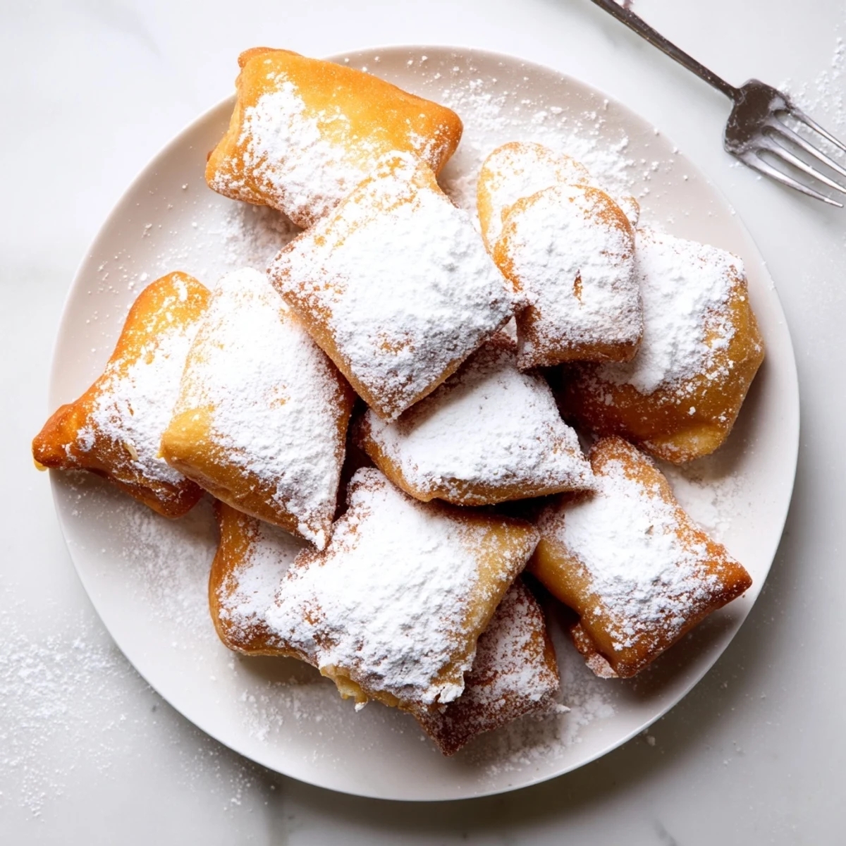 Freshly fried Vanilla French Beignets stacked high, ready to be served with a glass of milk.