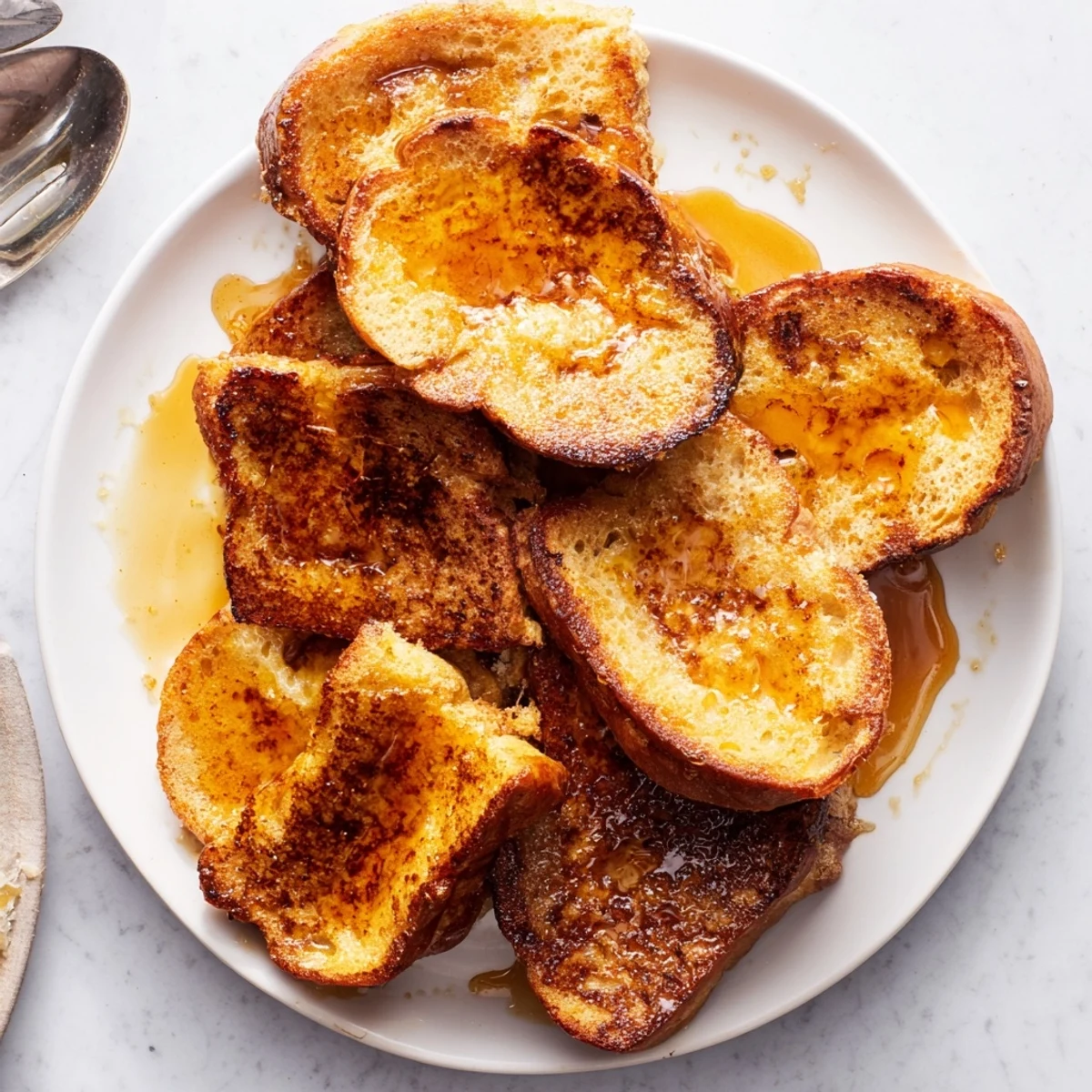 A close-up of golden-brown Crème Brûlée French Toast with a crackly caramelized sugar crust, fresh berries on the side.