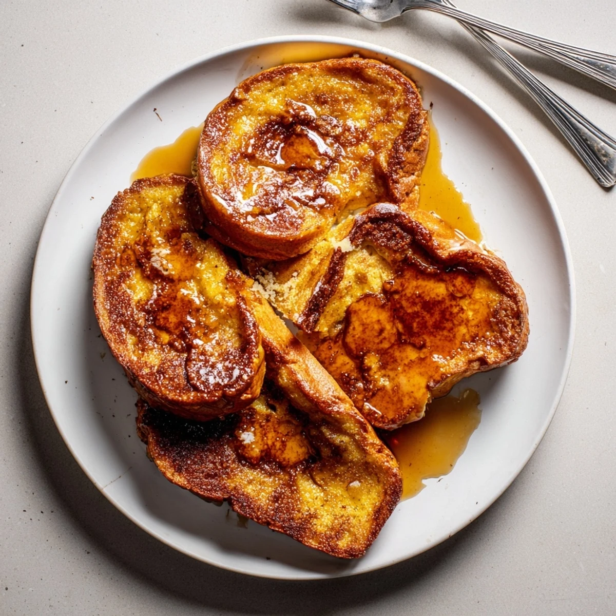 Crème Brûlée French Toast rests on a white plate, drizzled with warm maple syrup and a dollop of whipped cream.
