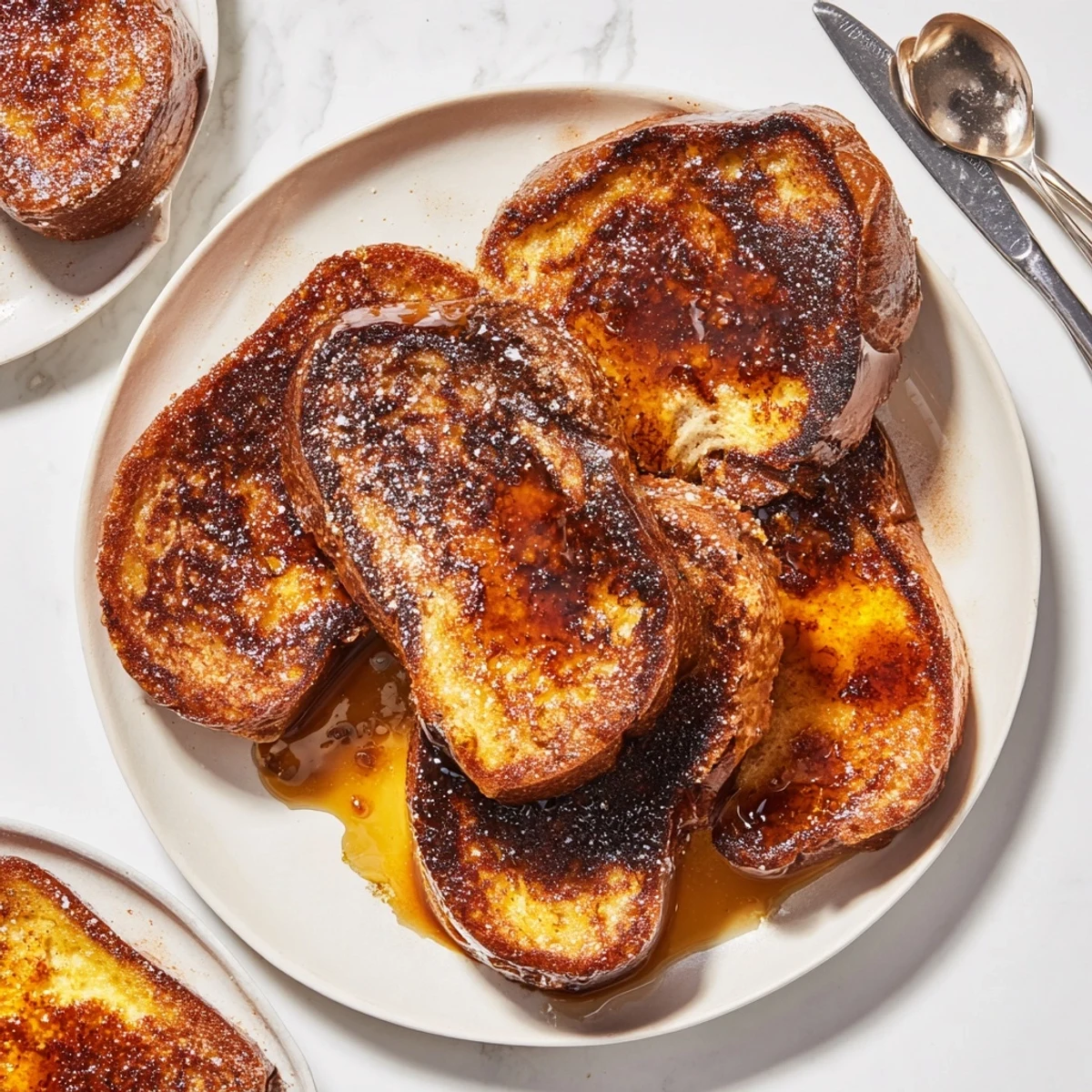 A hearty slice of Crème Brûlée French Toast showcases soft custard-soaked brioche and a glassy, brûléed sugar topping.