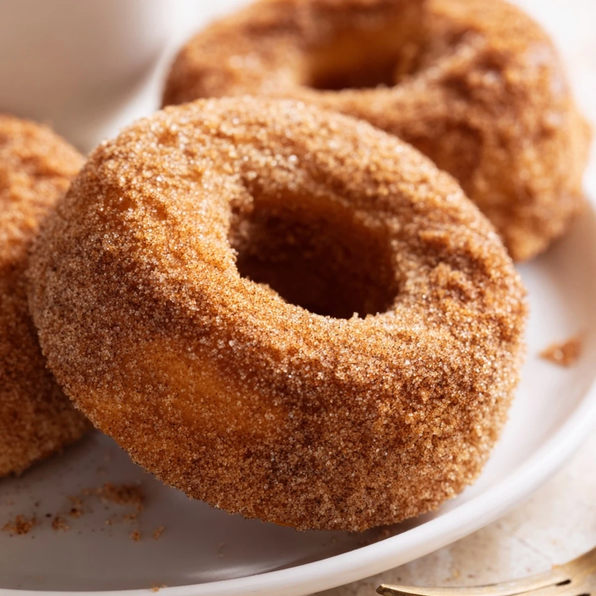 Close-up of Delicious Baked Cinnamon Sugar Donuts You Cant Resist with soft crumbs and cinnamon coating, ideal for dessert.