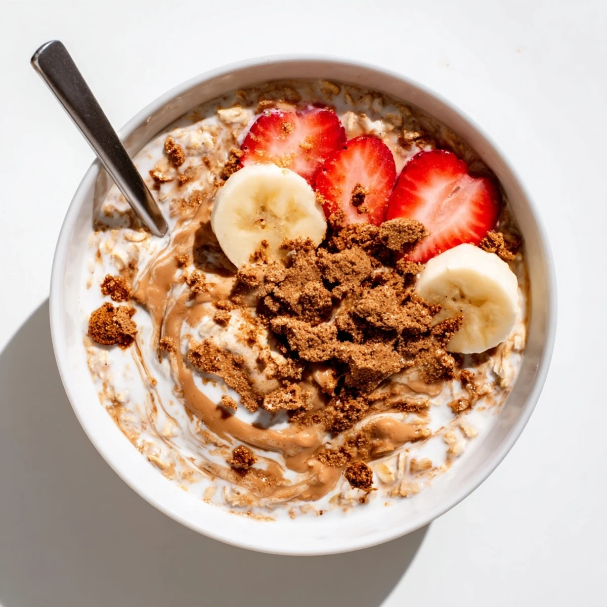 Enjoy a nutritious Quick Biscoff Overnight Oats breakfast paired with coffee and sliced bananas.