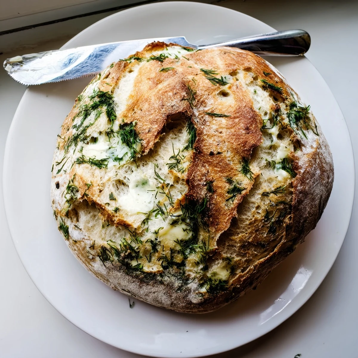 Freshly baked No Knead Dill Gouda Artisan Bread with a golden, crackly crust and soft, cheesy interior.