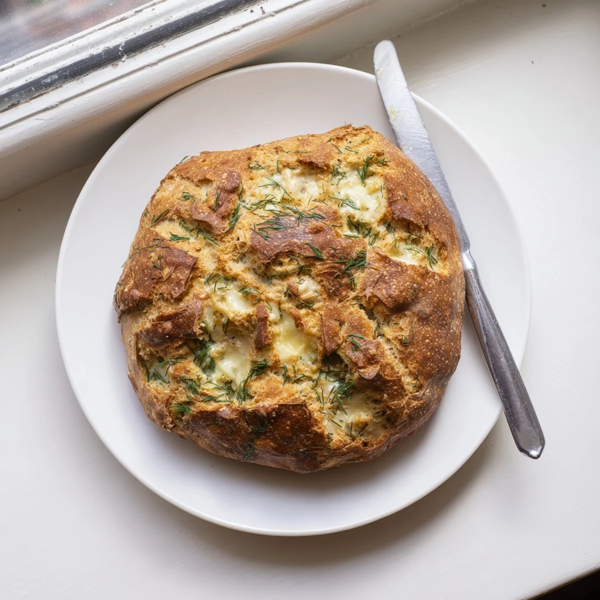 Warm slices of No Knead Dill Gouda Artisan Bread on a wooden board beside fresh dill sprigs.