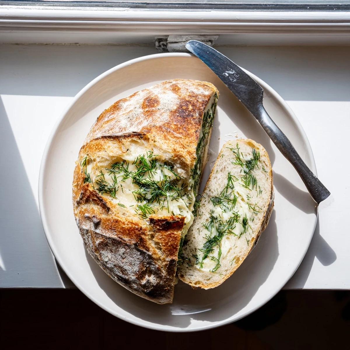 Golden-brown loaf of No Knead Dill Gouda Artisan Bread cooling on a wire rack, ready for sandwiches.
