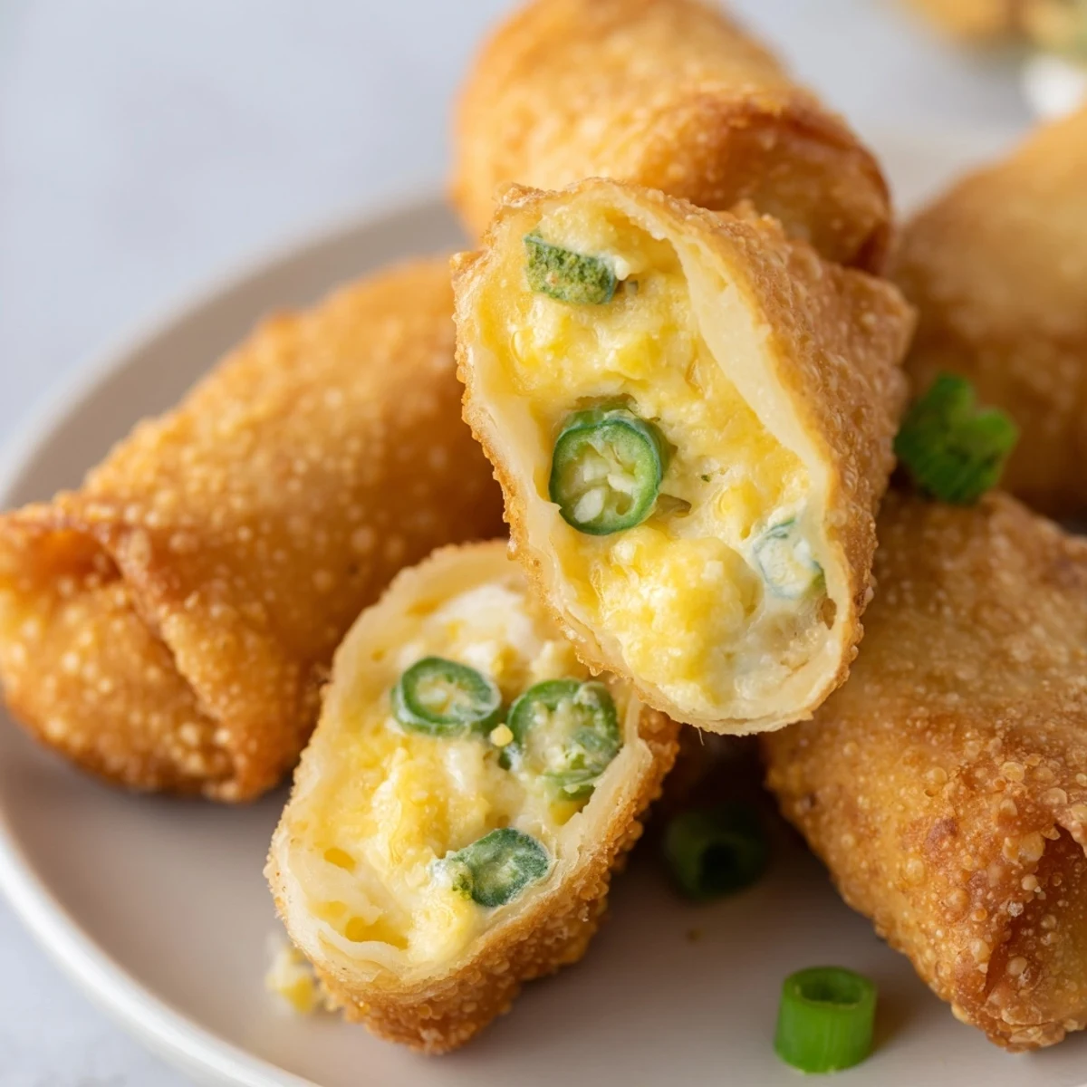 Golden brown Mini Jalapeño Popper Egg Rolls are shown on a white plate, crispy and steamy.