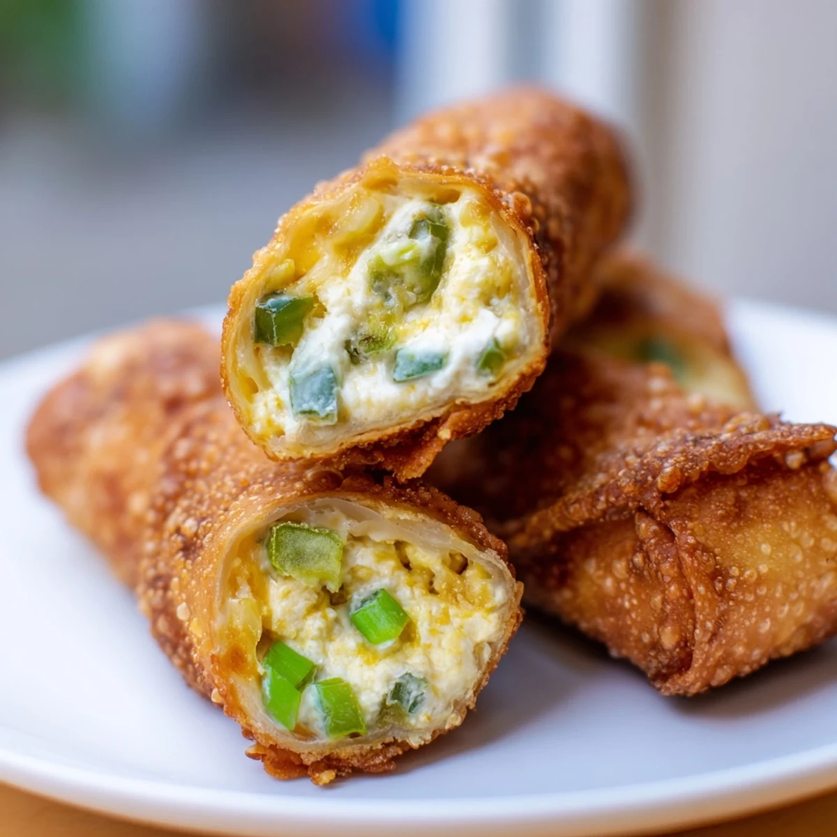 A close-up of Mini Jalapeño Popper Egg Rolls with creamy filling and chopped green onions.